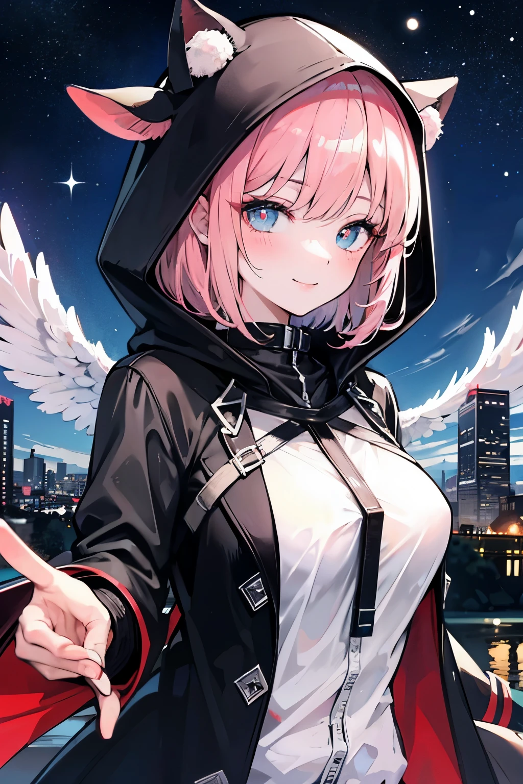 ((masterpeace)), ((high quality)), (((4k))), a girl, huge bast, fluffy pink hair, short hair, Having big round eyes, like anime girls face, smiling, beautiful fingers, fair skin, clear indigo eyes that seem to expand the universe in her pupils, wearing large black hooded coat, doing cute pose, flying on beatfuly nweyork sky, dark andａfew light in back grownd, midnight, beautiful night view of a big city