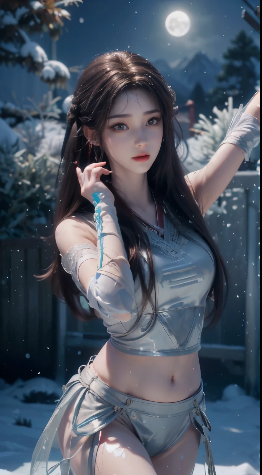 (logo、masterpiece、8K、desktop、original photo、wonderful、high quality、high quality、high quality、high detail、narrative poem、particle effects、dynamic effect、writing border depth、film light、Lens flash、Ray tracing)、fantasy、fantasy(1 beauty、透明brown eyes、long hair、Red head rope，pretty face、Real face、Detailed eyes、Beautiful skin、Meiya dancing:1.7,graceful dancing woman:1.7),在wind中飘扬的红发,long black hair,在wind中飘动的黑发,Jump,Sling,Blue leather pants,blue leather jacket,silver earrings,((night,wind,dark,full moon,night空,雪和Frost,very cold winter day,Tiantai Mountain covered with snow,Frost,Snow covered mountains,Frost的美丽和光辉有盖的树,(The tranquility and beauty of the ice and snow world),plump body,beautiful eyes,brown eyes，long hair,Ring-shaped eyes,jewelry，Navel exposed