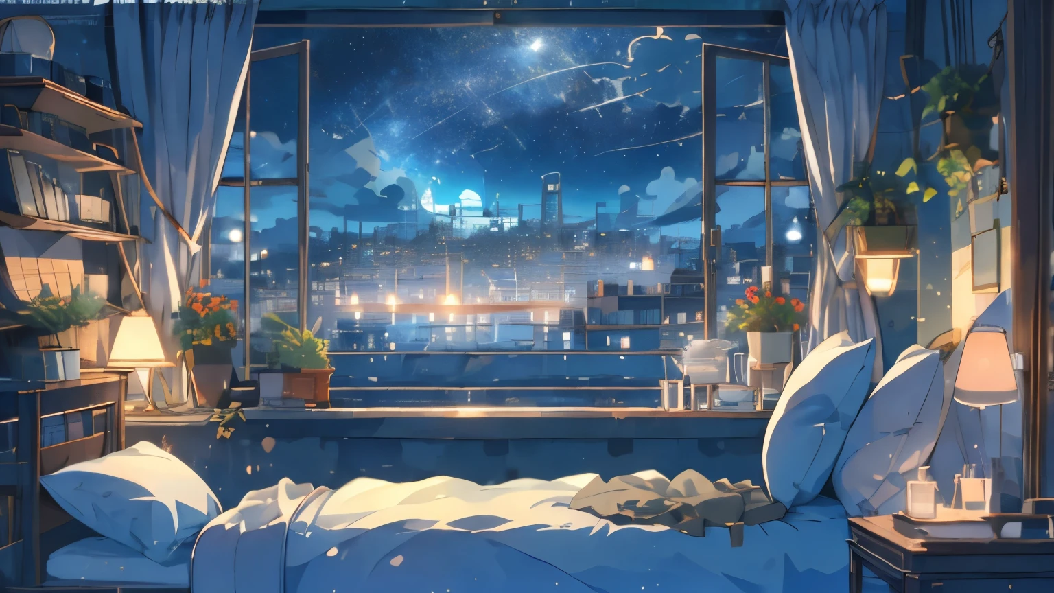 (masterpiece:1.2), highest quality,pixiv,cozy animation scene,
vision, night, window, there are no humans, null, plant, night null, pillow, cityscape, bed, star (null), Book, Chair, cloud, Bookshelf, city, lamp, building, internal, potted plant, starry null, city lights, curtain, nullscraper, shelf, bedroom, watermark,
 