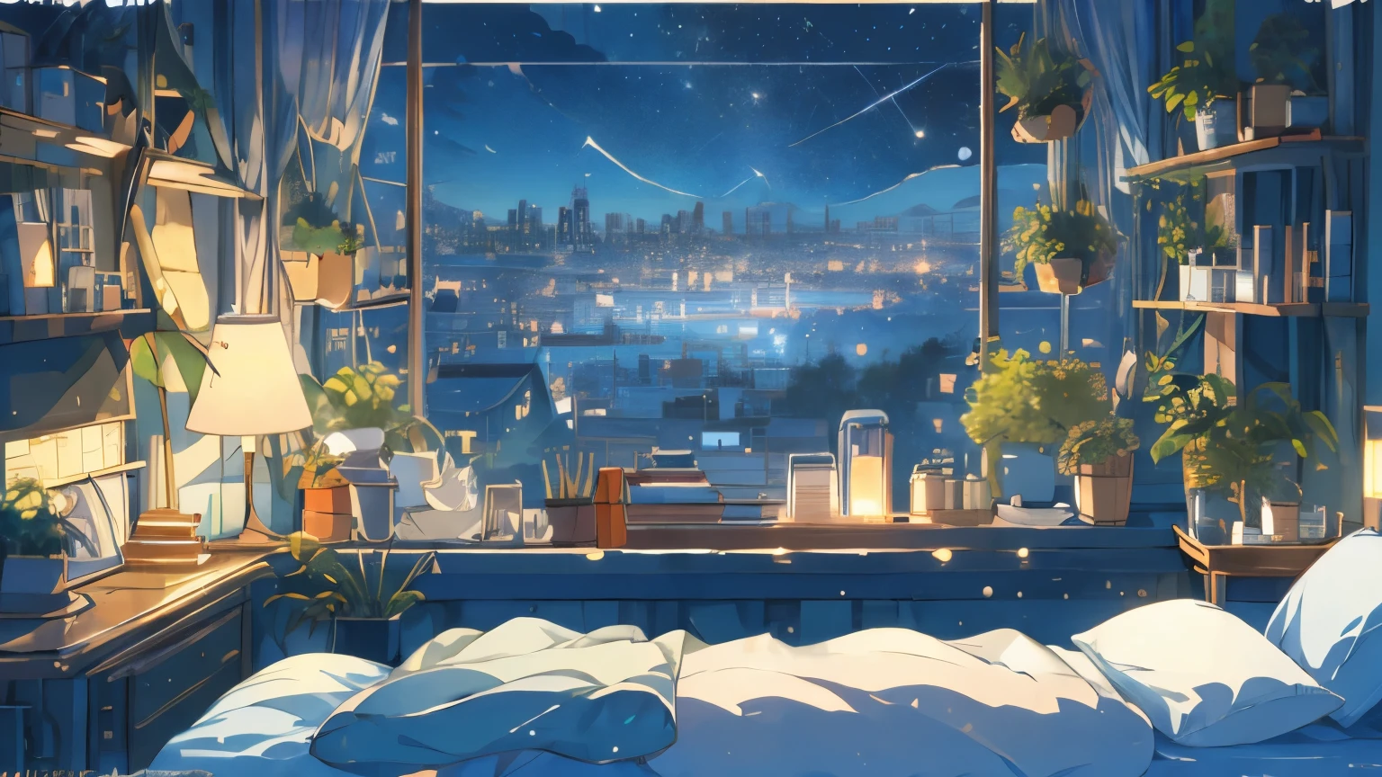 (masterpiece:1.2), highest quality,pixiv,cozy animation scene,
vision, night, window, there are no humans, null, plant, night null, pillow, cityscape, bed, star (null), Book, Chair, cloud, Bookshelf, city, lamp, building, internal, potted plant, starry null, city lights, curtain, nullscraper, shelf, bedroom, watermark,
 