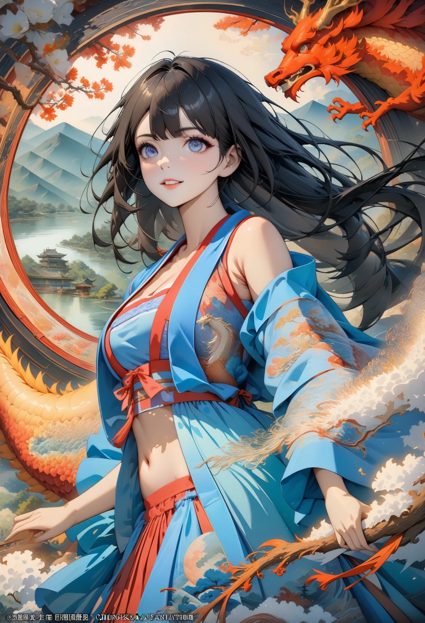 Costumes, long hair, Female official art, unified 8k wallpaper, Super detailed, Beautiful and beautiful, masterpiece, best quality, (Zentangle, dispute, twist), (fractal art: 1.4), 1 girl, black hair, China人, bare shoulders, short skirt, calf, navel, Very detailed, Dynamic angle, cowboy shooting, (The most beautiful form of chaos), flowing, (bright colors), Oak, (half: 1.2), China, (Thangka Feitian: 1.5), (ribbon: 1.3), (Dream: 1.5), (hanfu: 1.5), China人 dragon, China人 phoenix, (Smile: 0.5), (China人 deity),
information kid, big eyes, Mountains,