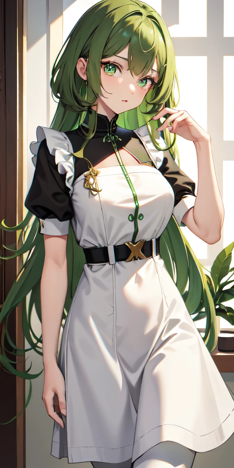 Female Android with golden brown curls, emerald green eyes, light brown skin and wears a white and black short-sleeved tunic dress and white pants, referencing the French housemaid dress