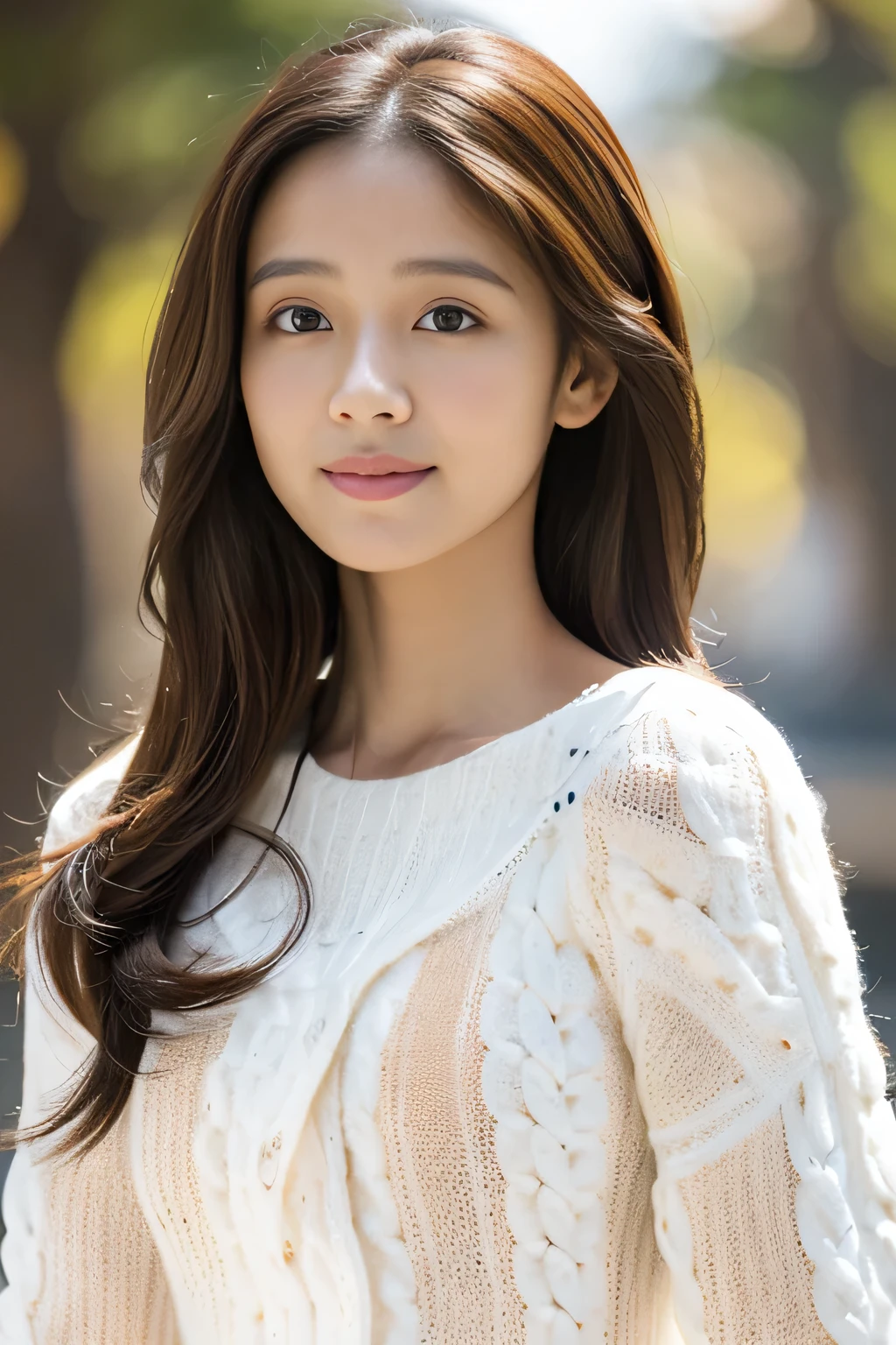 masterpiece, highest quality, Photoreal, Super detailed, finely, High resolution, 8k wallpaper, Professional, Advanced level of detail, ((One female college student:1.2)), slender Japanese woman,, detailed clavicle, Medium chest、perfect face, (Front facing:1.2)、medium long hair, chestnut hair、(A fitted white sweater that accentuates the bust:1.5)、cute face、(looking straight ahead:1.5)、(brown skin:1.5)
