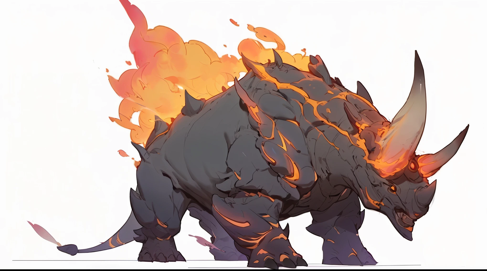 There is a rhinoceros，Back is on fire, by Ryan Ye, fire golem creature, official concept art, by Shitao, high resolution, Rhino rendering, concept art, concept art, Full color illustration, concept arts, official art, Roshan Mountain, fire giant, background art, fire element, balrog concept art, 