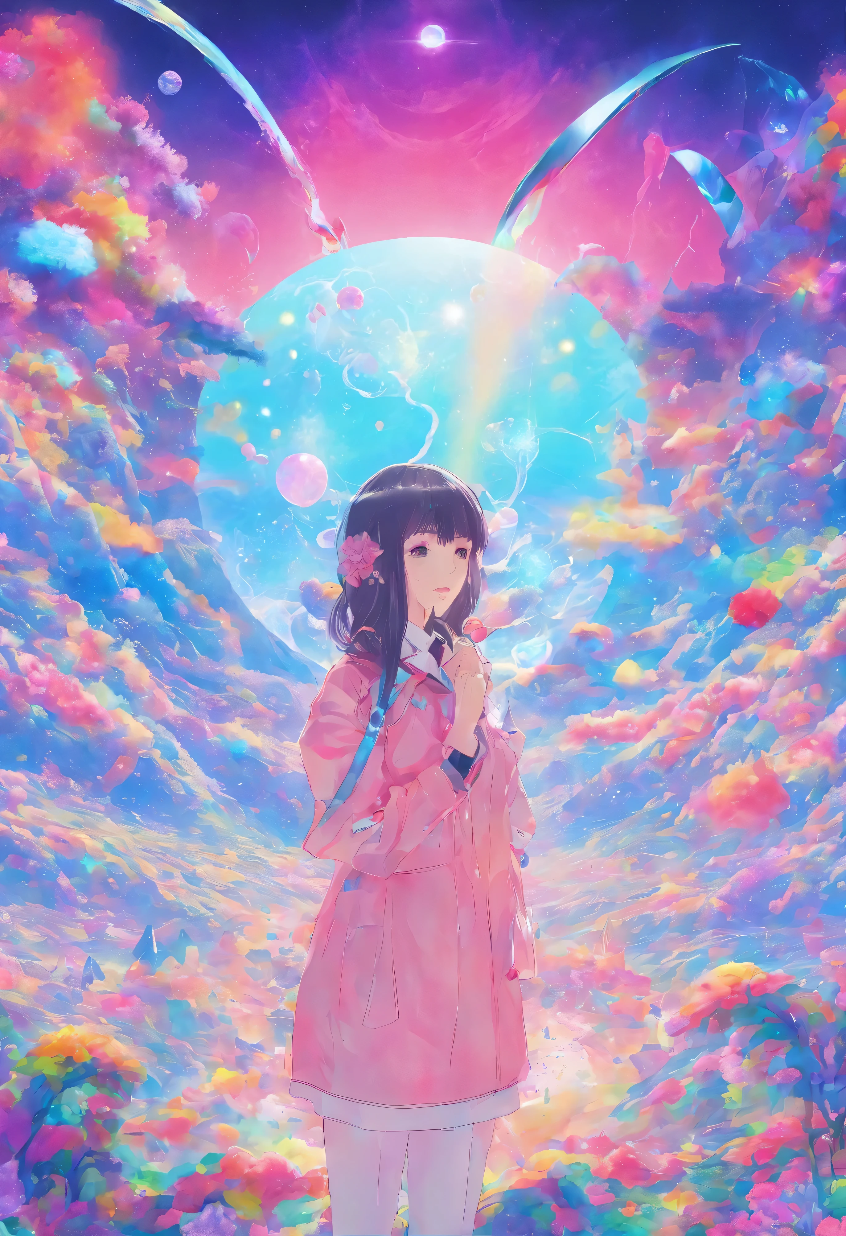 (8K、Raw photo、highest quality、look up:1.2、masterpiece:1.2、genuineistic、ultra high resolution、high contrast、photon mapping、genuine、Super detailed、official art, Raw photo、professional lighting、 light、Vivid atmosphere、twicelight) title: 「Distant memories」 explanation: This melody mark、highest qualityの破片が飛び散る中、A woman with a nostalgic landscape in the background。she stands at the center of the world、I'm staring at a beautiful landscape that looks like crystals and prisms spreading out from the center of a single ray of light.。 Colorful flowers bloom in the background、the full moon shines、There's a rainbow、Warm light is pouring in。In the lyrics、separation and lonelinesemories of the past and hopes for the future、Deep emotions。This melody mark、Distant memoriesや失った願い、And it depicts the hope that we might meet again.。