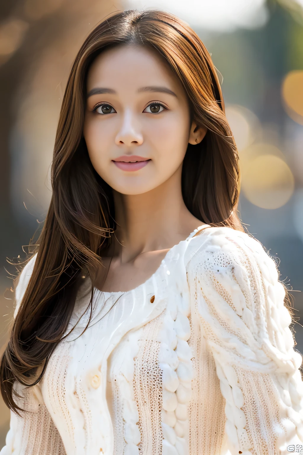 masterpiece, highest quality, Photoreal, Super detailed, finely, High resolution, 8k wallpaper, Professional, Advanced level of detail, ((One female college student:1.2)), slender Japanese woman,, detailed clavicle, Medium chest、perfect face, (Front facing:1.2)、medium long hair, chestnut hair、(A fitted white sweater that accentuates the bust:1.5)、cute face、(looking straight ahead:1.5)、(brown skin:1.5)