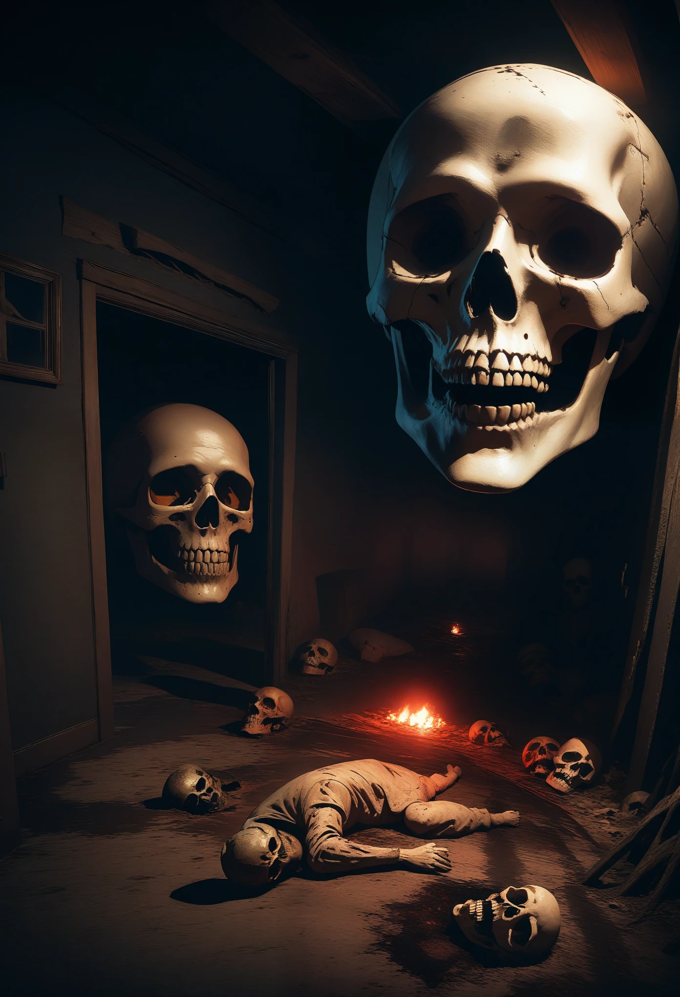(night view), fear, haunted, corpse, skull, images depicting hell, Necronomicon, image style, actual, shadow, HD, high quality, cinematic