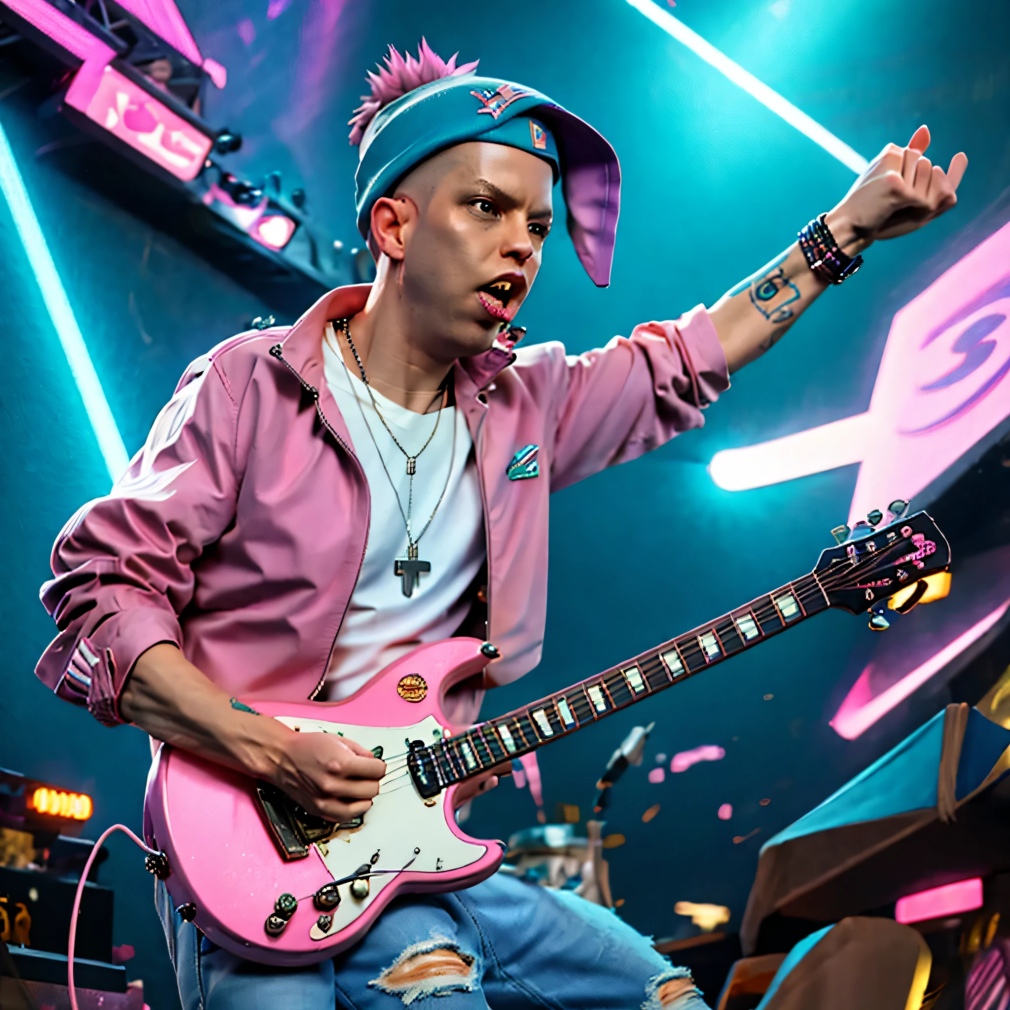 coopie, 1boy, a 1980s glam rock heavy metal singer with long multi-colored hair, a purple leather bikers jacket with a white v-neck t-shirt underneat, neck tattoos, face tattoos, tattoo sleeve, ripped torn jeans, snarled lip, screaming into the microphone, on concert stage, microphone stand has a bunch of bandanas and panties tied to it, spiked hair, leaning forward, looking down at the crowd, holding pink electric guitar, multicolored hair, Surrealism, high detail, cinematic lighting, depth of field, motion blur, chromatic aberration, sparkle, god rays, glowing light, backlighting, UHD, masterpiece, ccurate, anatomically correct, super detail, best quality, 8k