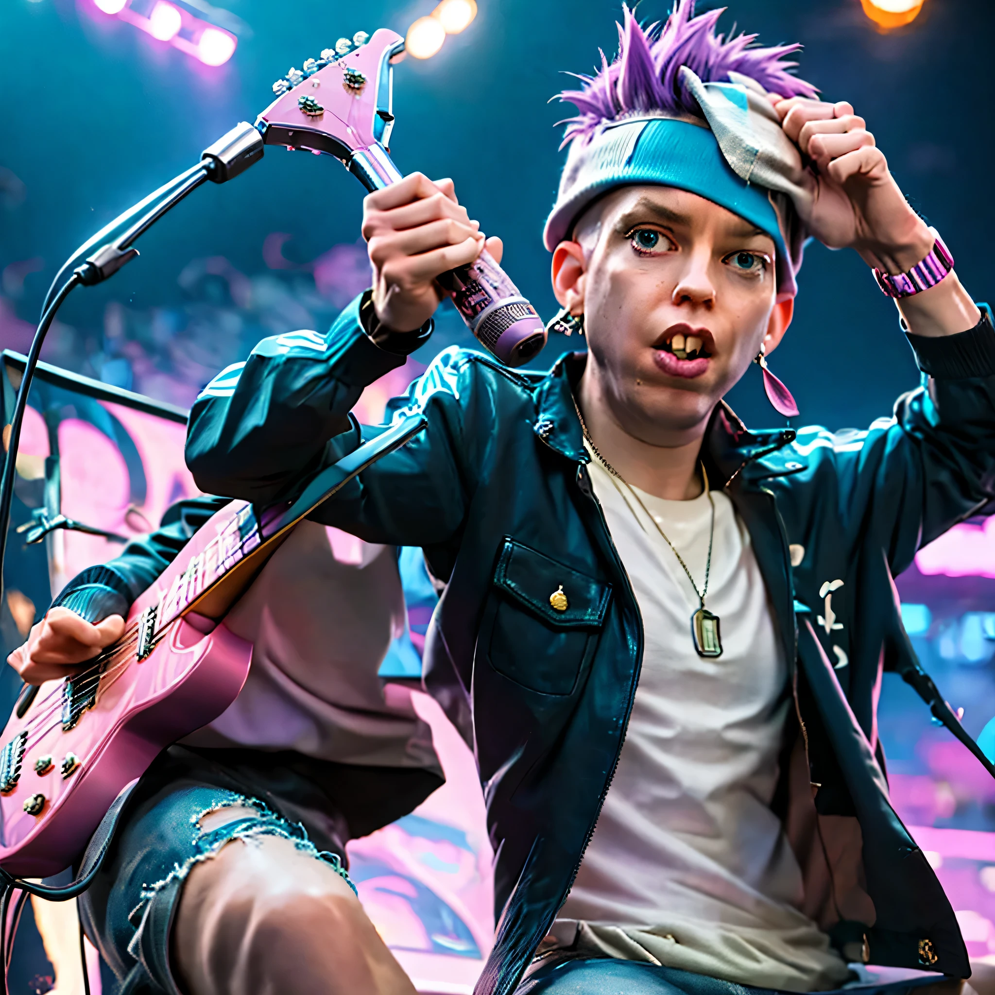 coopie, 1boy, a 1980s glam rock heavy metal singer with long multi-colored hair, a purple leather bikers jacket with a white v-neck t-shirt underneat, neck tattoos, face tattoos, tattoo sleeve, ripped torn jeans, snarled lip, screaming into the microphone, on concert stage, microphone stand has a bunch of bandanas and panties tied to it, spiked hair, leaning forward, looking down at the crowd, holding pink electric guitar, multicolored hair, Surrealism, high detail, cinematic lighting, depth of field, motion blur, chromatic aberration, sparkle, god rays, glowing light, backlighting, UHD, masterpiece, ccurate, anatomically correct, super detail, best quality, 8k