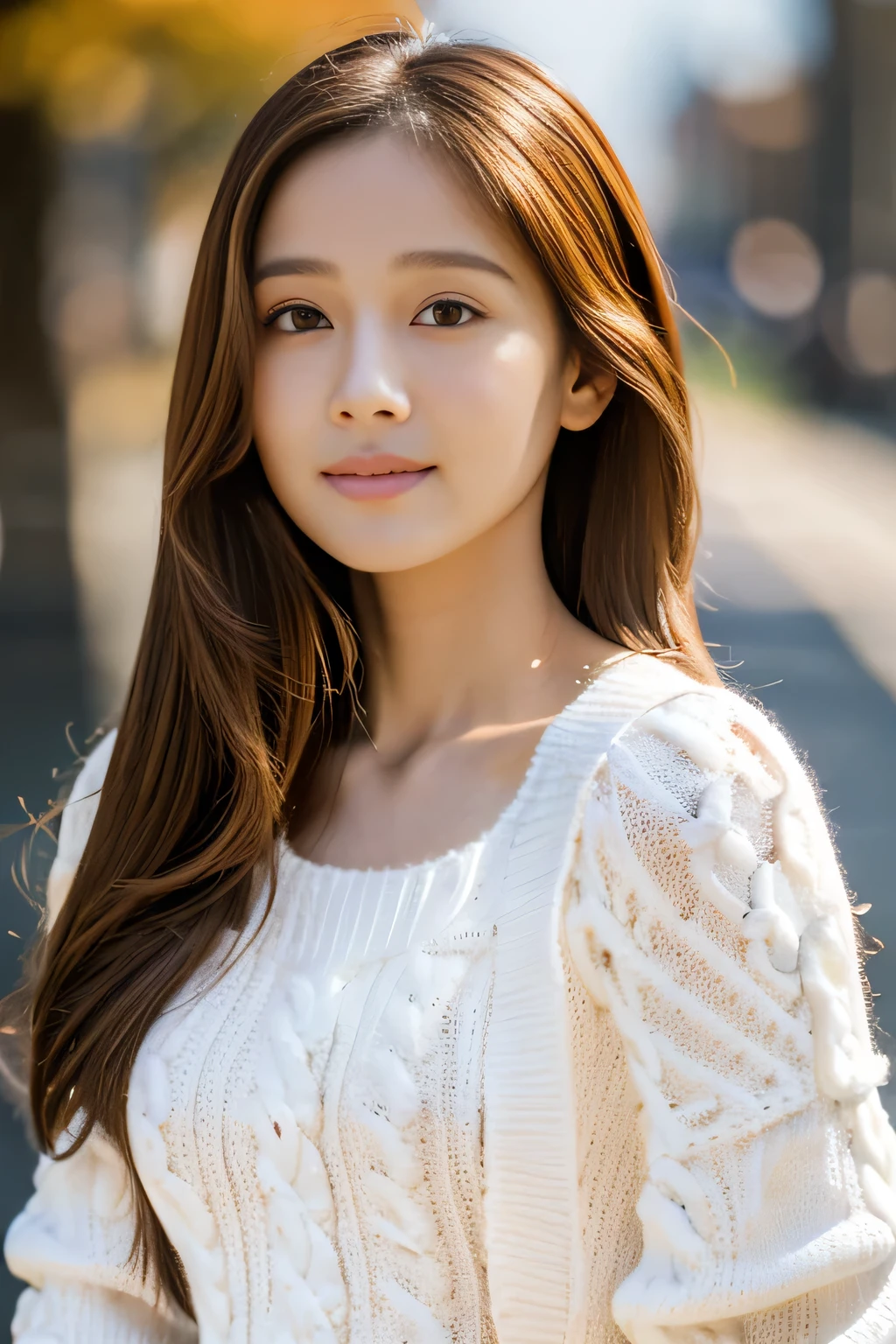 masterpiece, highest quality, Photoreal, Super detailed, finely, High resolution, 8k wallpaper, Professional, Advanced level of detail, ((One female college student:1.2)), slender Japanese woman,, detailed clavicle, Medium chest、perfect face, (Front facing:1.2)、medium long hair, chestnut hair、(A fitted white sweater that accentuates the bust:1.5)、cute face、(looking straight ahead:1.5)、(brown skin:1.5)