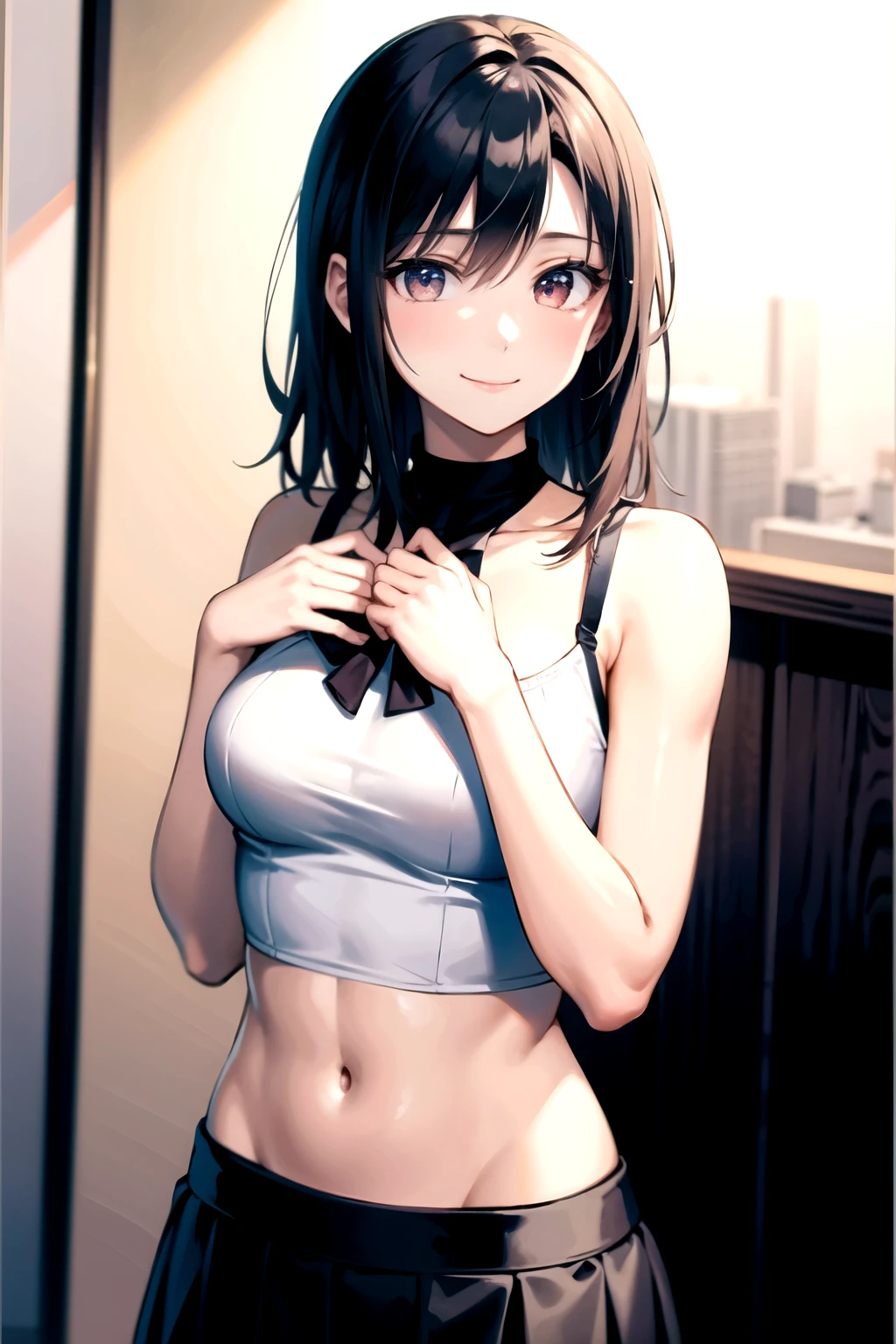 masterpiece, best quality, ultra detailed, 1girl, solo, detailed face, cute face, (slim face), (sharp jawline), blush:1.1, (heart shaped pupil:1.1), cute and small hearts floating around the girl, closed mouth, seductive smile, gasp, steam, (big eyes:1.2), flustered, wind swept hair, cute black choker, micro bikini, soft pink body tight high collared sweater, cleavage cut, shoulder cut, (lower belly visible), thong strings visible, panty strings visible, tight slim jeans, background is an office with dappling sunlight coming through the window with lush green trees outside