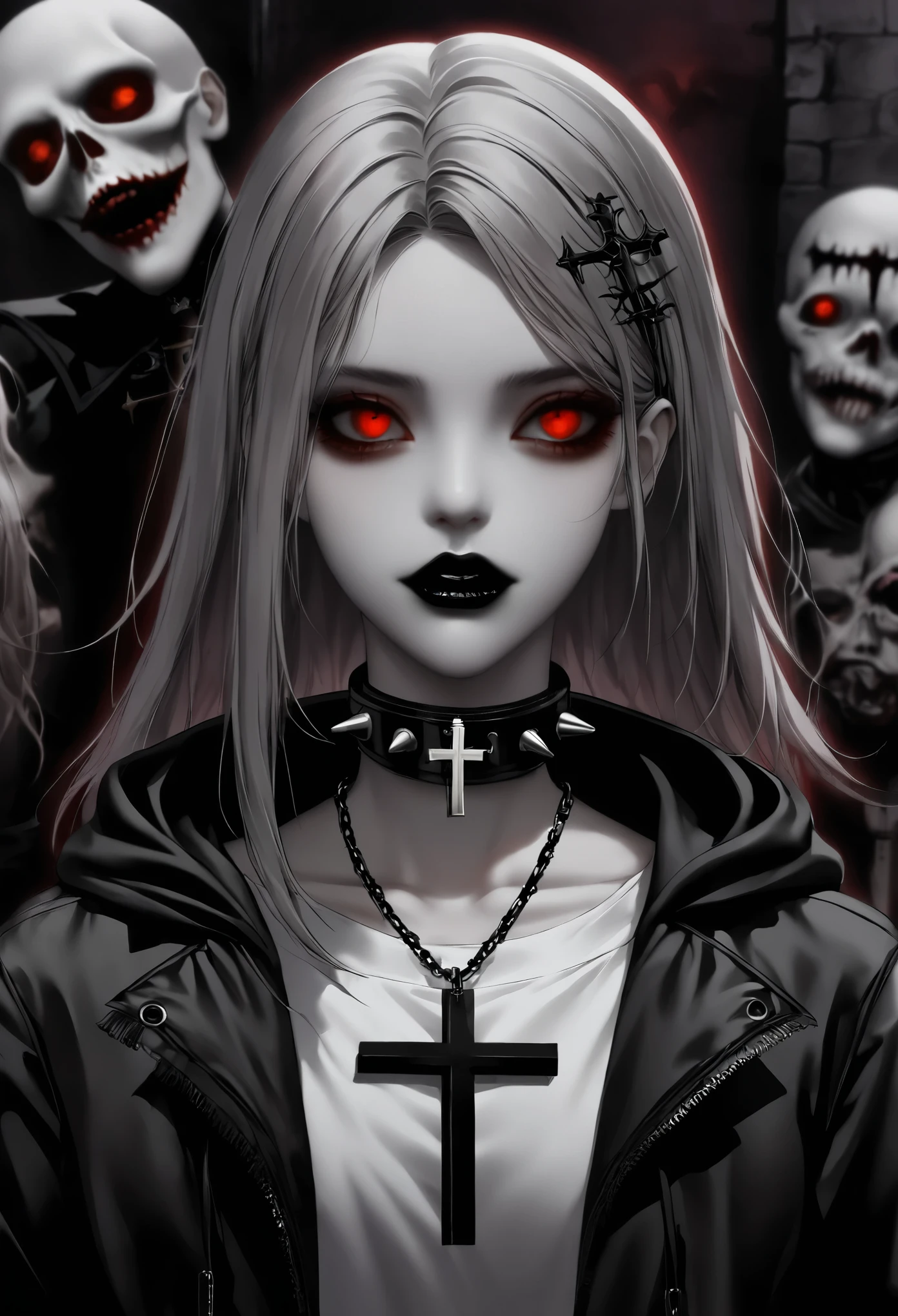 1 girl, black collar,  Gothic, zombie atmosphere, black lips, collar, collar, cross, cross necklace, gray hair, hair accessories, hairpin, have, hood, inverted cross, Jacket, jewelry, lipstick, looking at the audience, cosmetic, Medium long hair, necklace, Red eyes, shirt, short hair, alone, spiked collar, peak, Upper body, luminescent, horror theme, Threshold