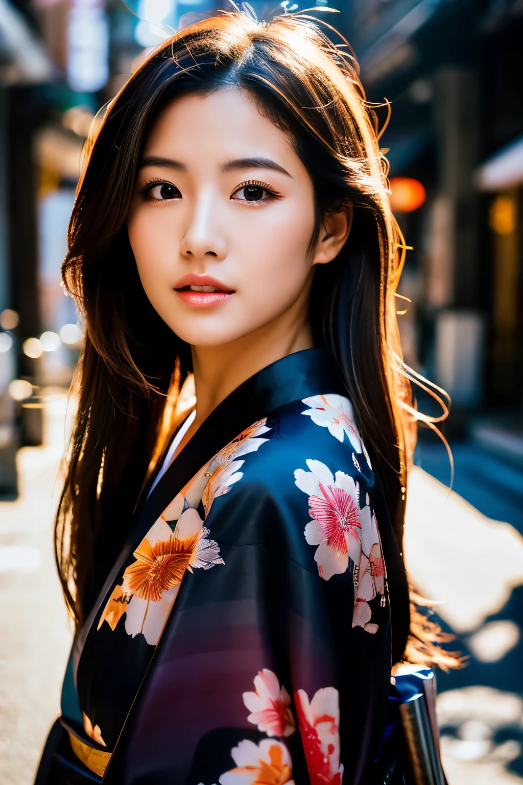Beautiful Japanese supermodel woman, A lock of hair with slight highlights, black eyes, Sexy,street background,Gorgeous kimono , Liquid color flows across her face, Shooting against the light,Perfect facial lighting,mixed media