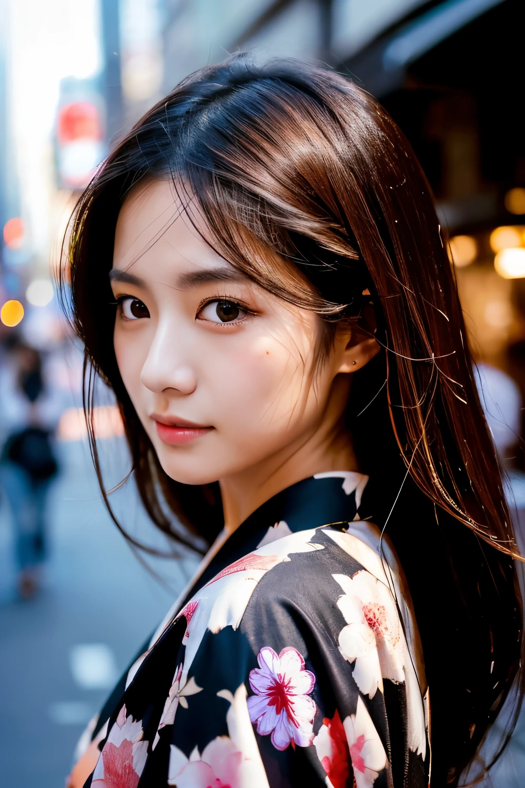 Beautiful Japanese supermodel woman, A lock of hair with slight highlights, black eyes, Sexy，street background，Gorgeous kimono , Liquid color flows across her face, Shooting against the light，Perfect facial lighting，mixed media