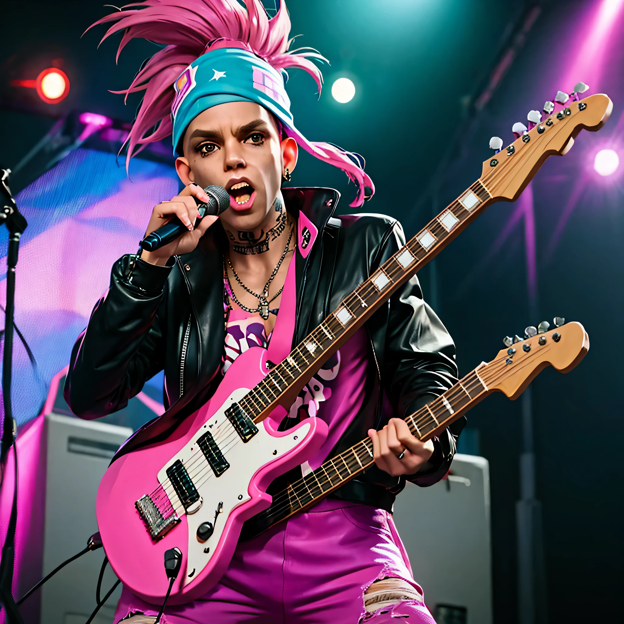 coopie, 1boy, a 1980s glam rock heavy metal singer with long multi-colored hair, a purple leather bikers jacket with a white v-neck t-shirt underneat, neck tattoos, face tattoos, tattoo sleeve, ripped torn jeans, snarled lip, screaming into the microphone, on concert stage, microphone stand has a bunch of bandanas and panties tied to it, spiked hair, leaning forward, looking down at the crowd, holding pink electric guitar, multicolored hair, Surrealism, high detail, cinematic lighting, depth of field, motion blur, chromatic aberration, sparkle, god rays, glowing light, backlighting, UHD, masterpiece, ccurate, anatomically correct, super detail, best quality, 8k