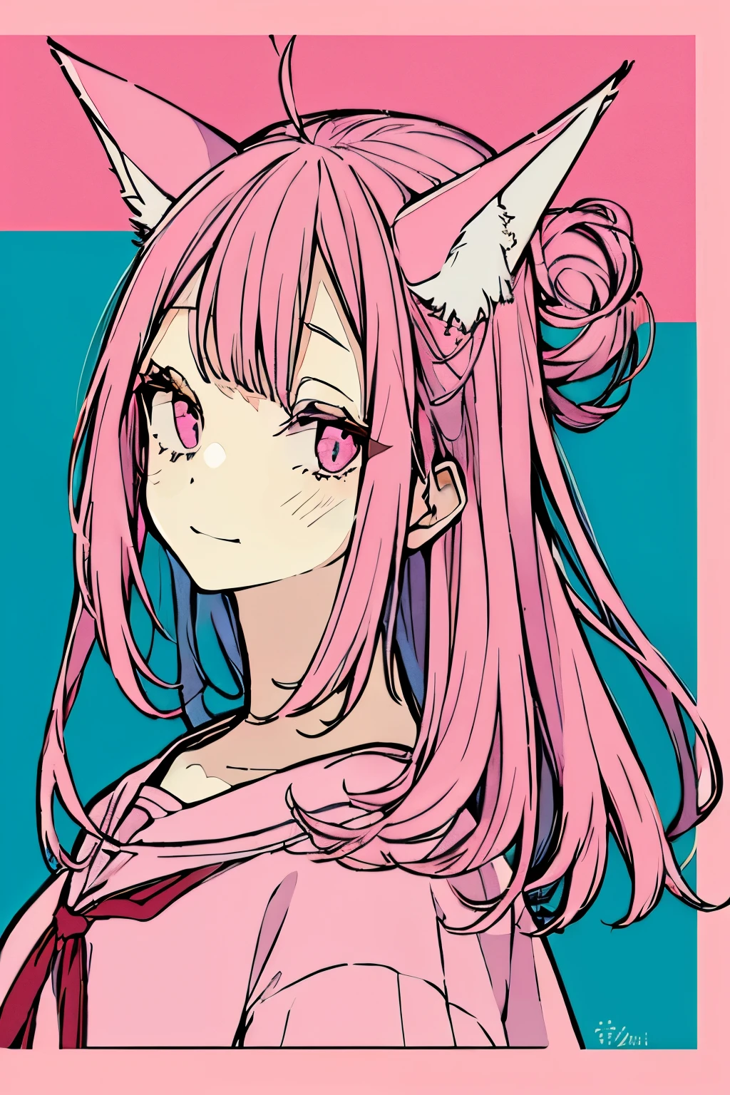 1girl, pink hair,pink ayes,pink shirt , cast ears