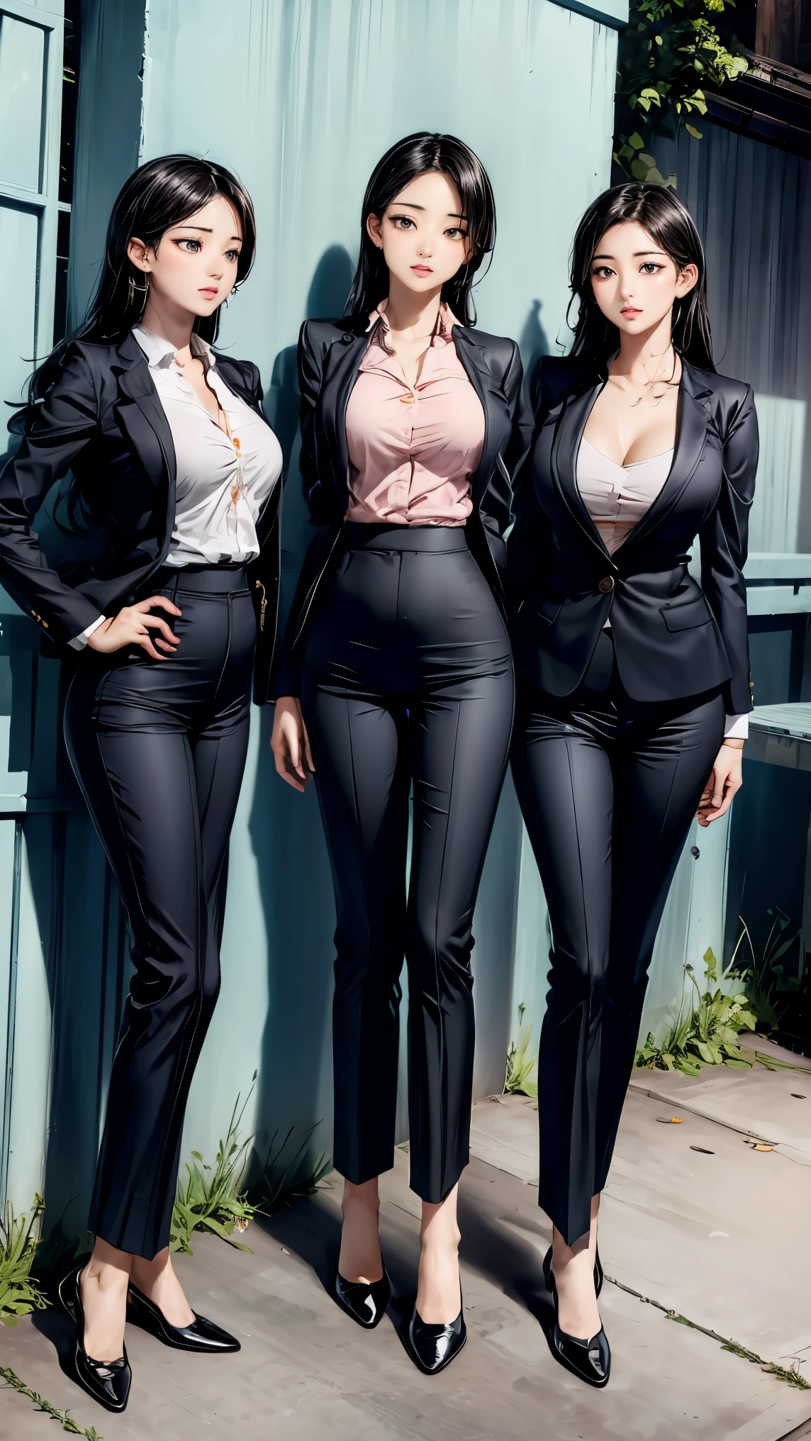 (best quality, masterpiece:1.2), Perfect body, slim waist, small breasts, business attire，suit， trousers, back alley, energetic，1 girl, golden ratio,[:(Have detailed faces:1.2):0.2]:，Pure love face_v1，standing，Look from your hips，Close-up from behind，(peach butt:1.2)):1.4)，Close-up shot，(best quality, masterpiece:1.2), Perfect body, slim waist,  （short shorts）, full body portrait，back view，business attire，suit，紧身trousers，small breasts部