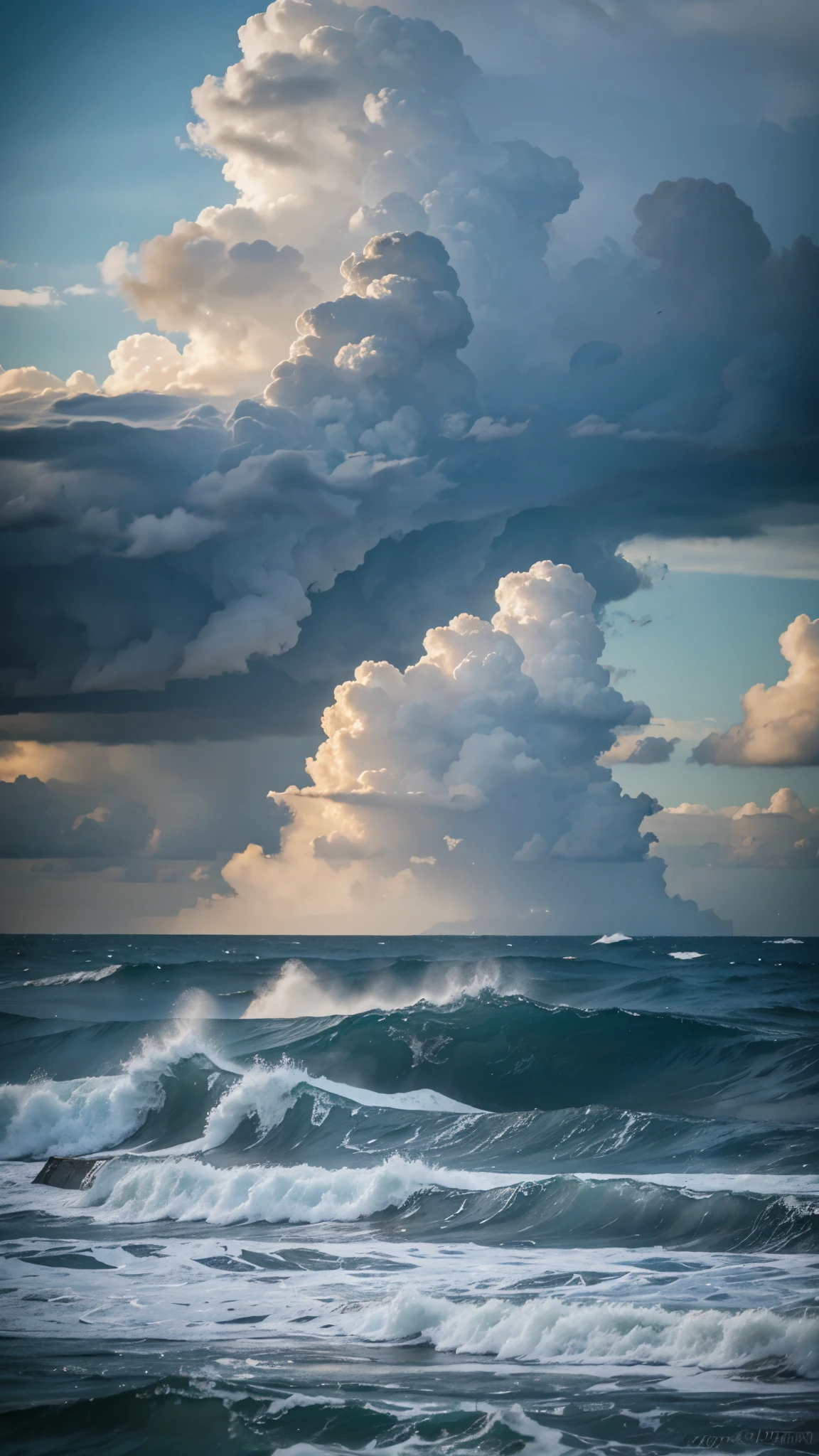 A storm brewing over the ocean, waves crashing