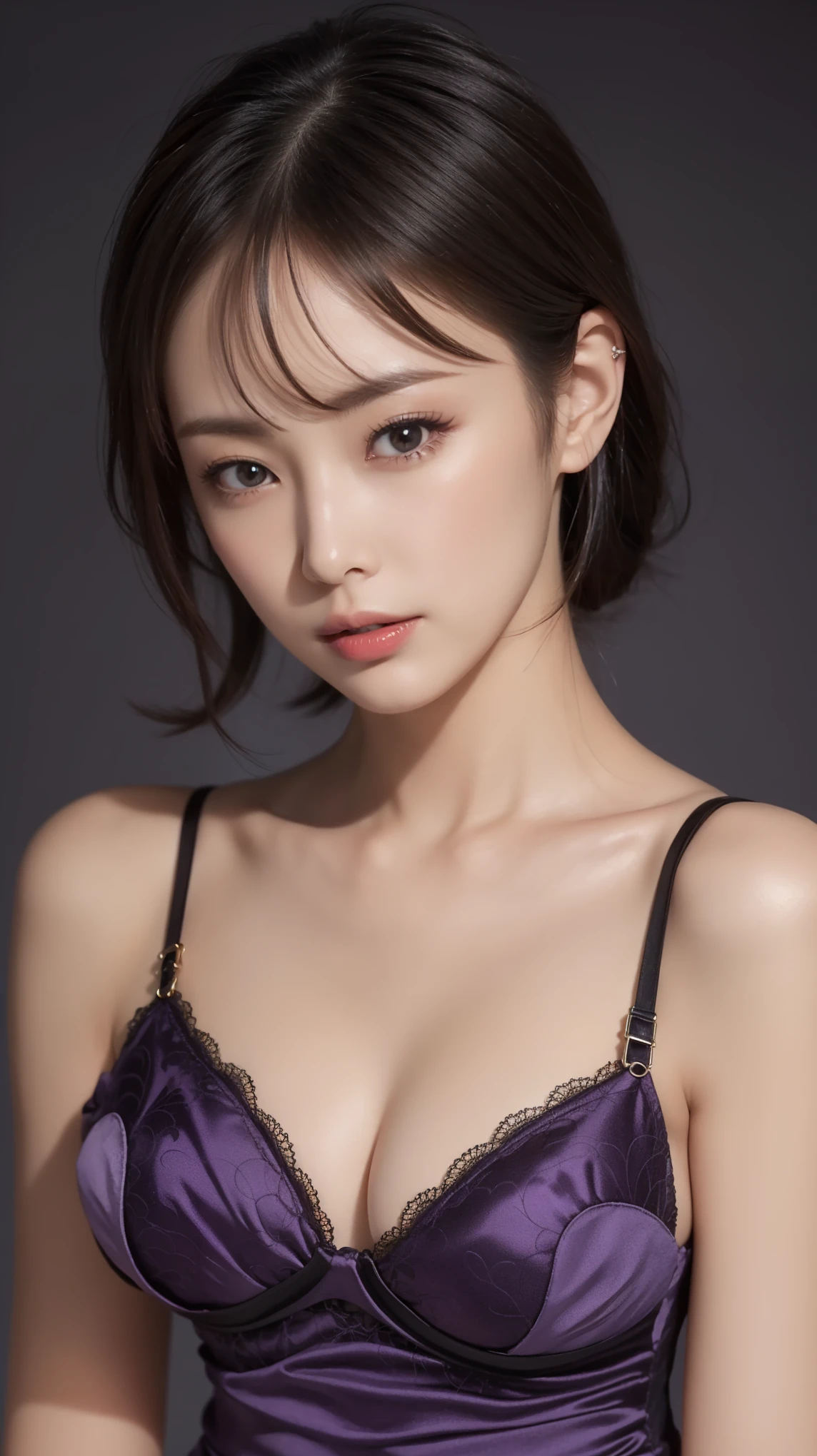 charming beauty、purple dress、black pantyhose、Black flower hair ornament、attractive oval face、double eyelid、clear eyes、lipstick、beautiful thin legs、toned ankles、ultra high resolution、The Super detailed、elegant posture、Creates a slender lower body curve、Expressing adult femininity、highest quality、8K、Super detailed、I、nine heads and bodies、night、move the key、darkness、attraction、brainwashed、evil fall、evil