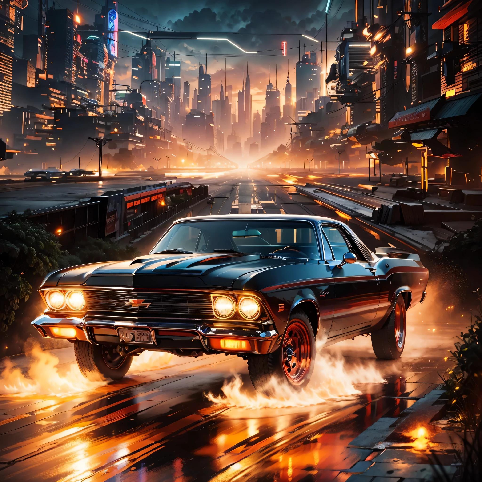 Super muscle car Chevrolet with burning tires and sci-fi style headlights in the foreground, In the background there is a science fiction city with science fiction buildings illuminated by neon lights