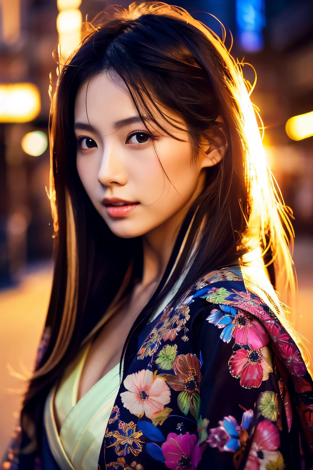 Beautiful Japanese supermodel woman, A lock of hair with slight highlights, black eyes, Sexy，street background，Gorgeous kimono , Liquid color flows across her face, Shooting against the light，Perfect facial lighting，mixed media