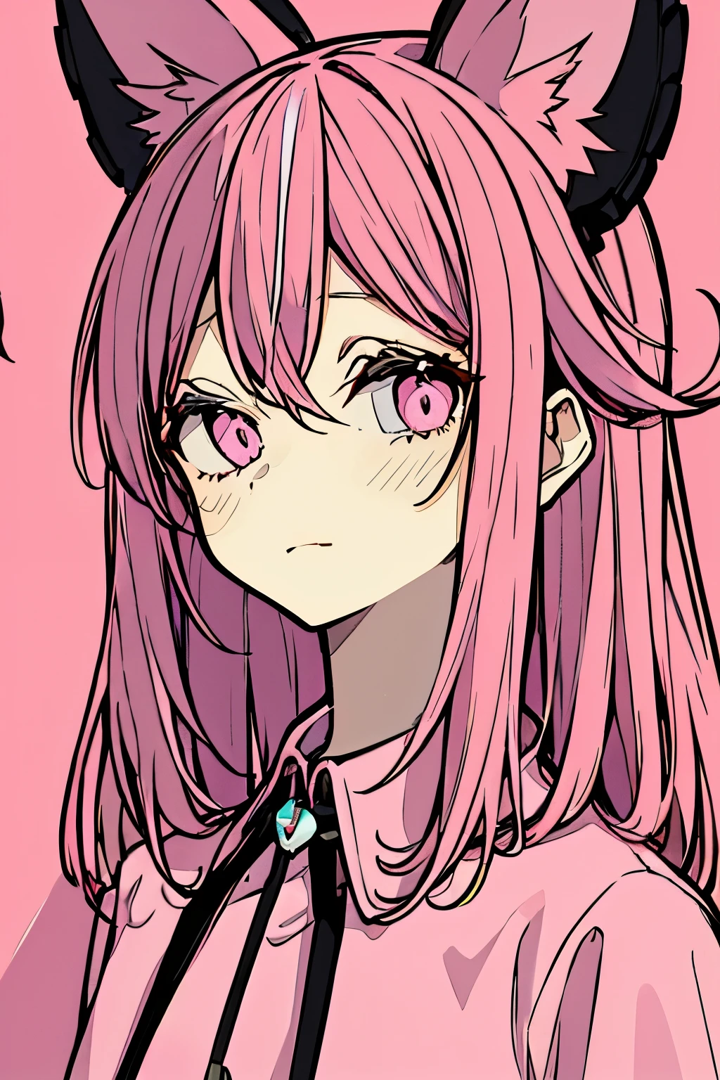 1girl, pink hair,pink ayes,pink shirt , cast ears