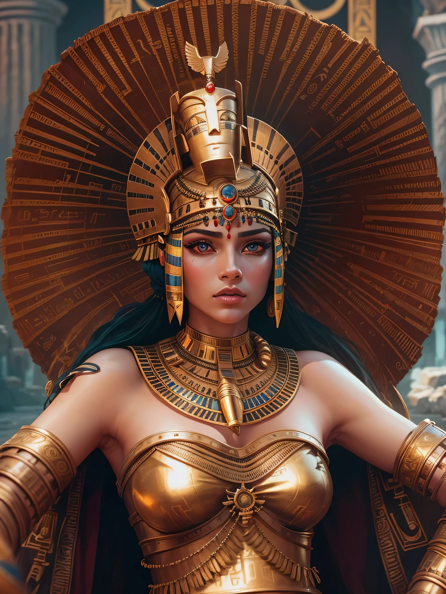 Woman with golden headdress and red eyes, cleopatra portrait, cleopatra, Egyptian princess, Egyptian, cleopatra in her palace, android girl in Egyptian ruins, beautiful cleopatra, Astri Lawn, Queen, bet, Princess Liv in Ancient, portrait of cleopatra, Sakimi, imperial portrait, warrior queen, goddess portrait, epic legends game icon,raw photos, Shapuri, by lee jeffries nikon d850 film stock 写真graph 4 kodak portra 400 camera f1.6 lens rich colors hyper realistic lifelike texture dramatic lighting unrealengine trending on artstation cinestill 800,