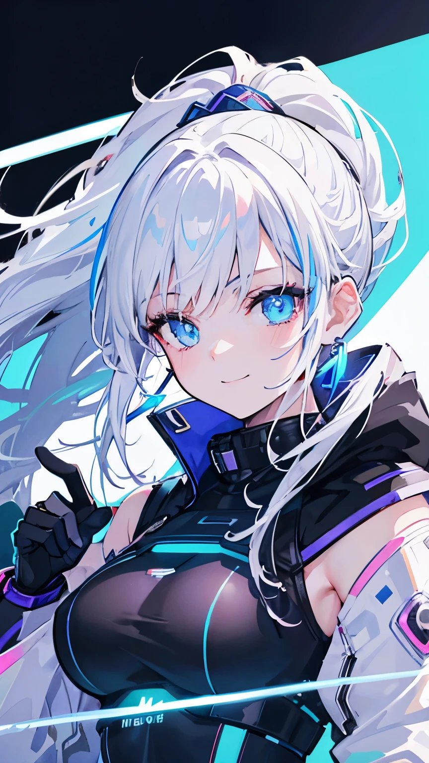 1 girl, solo, colorful, blue eyes, cyberpunk, cityscape, moon background, peace sign, earrings, ponytail hair, white hair, neon sign, beautiful lights, character focus, CG illustration, bust shot, white color jacket, black sleeveless gloves 8k resolution, very detailed, anatomically correct, digital painting, concept art, clear picture, loving smile smile