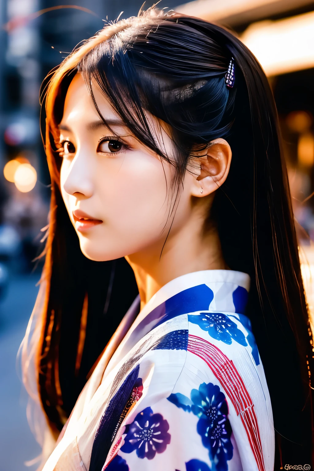 Beautiful Japanese supermodel woman, A lock of hair with slight highlights, black eyes, Sexy,street background,Gorgeous kimono , Liquid color flows across her face, Shooting against the light,Perfect facial lighting,mixed media