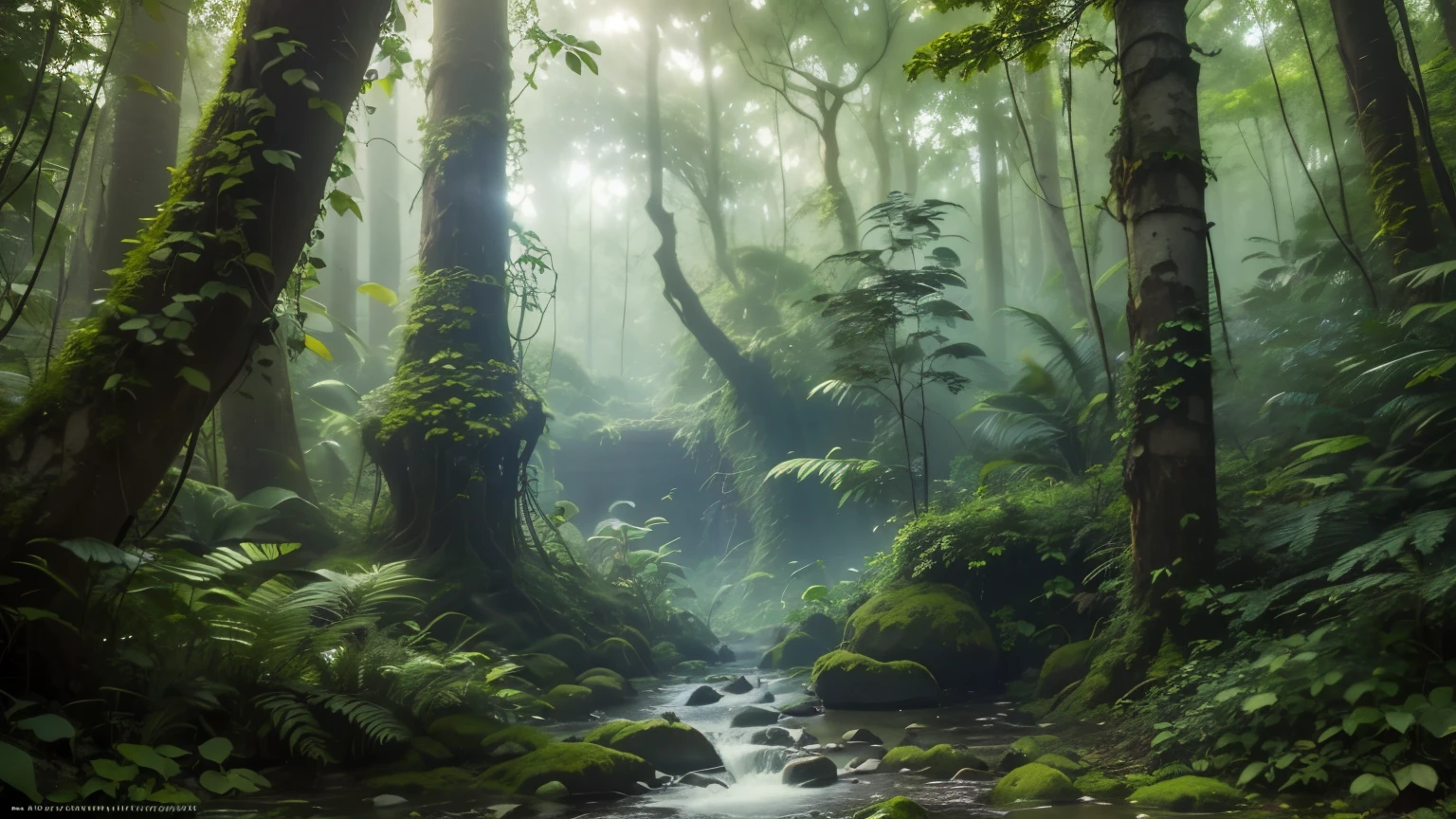 Uma imagem com uma floresta espessa, jungle and ruins. Very detailed image with the best quality and lighting. Floating focal point and distance. Fotografia rica com a melhor qualidade e efeitos de sombra.