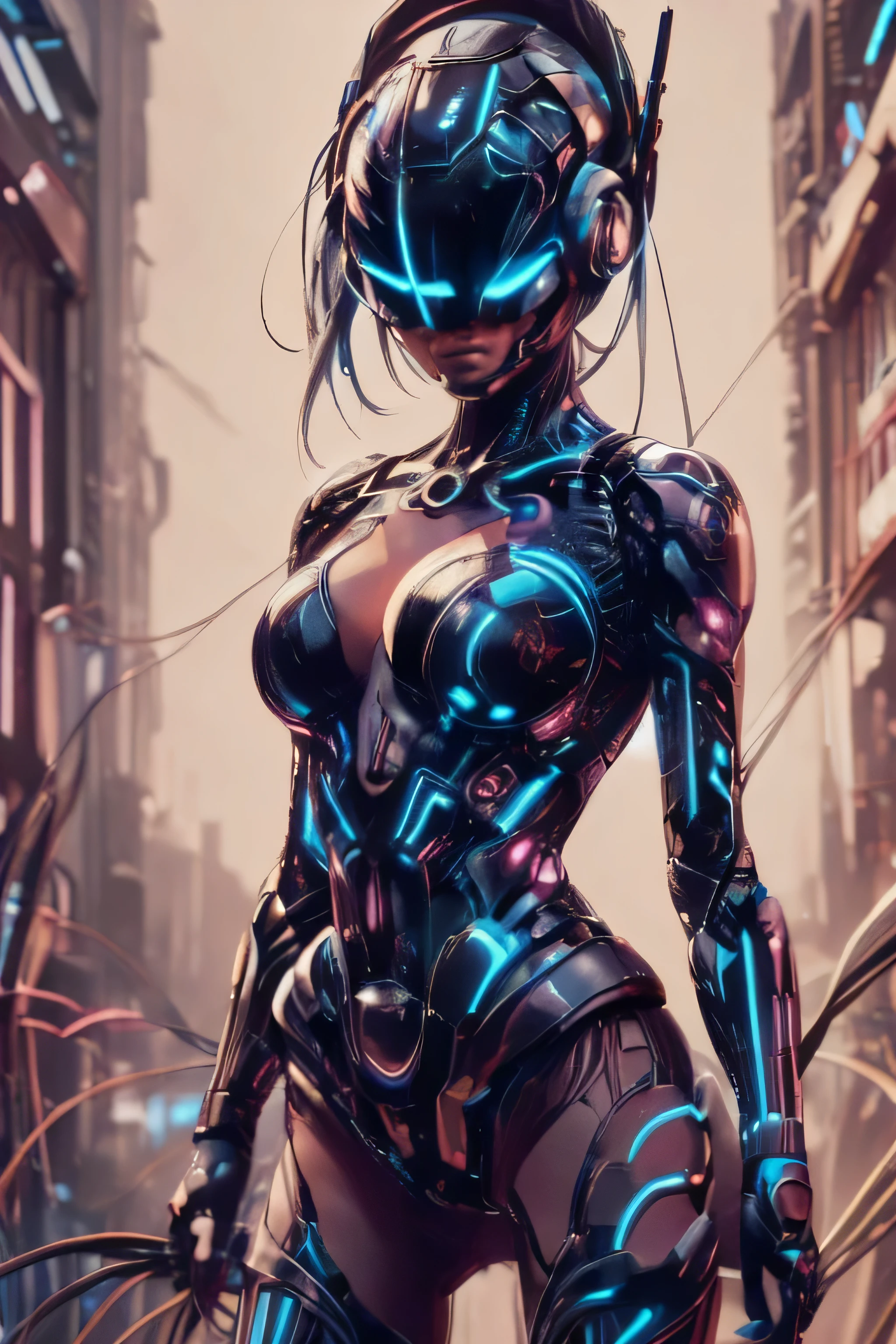 Trisomy,science fiction,Punk,Tomoko,movie poster,AI,woman,Part of the body plugged into the cable,The body part machine is turned on,Environment for Japan,mask open,Draw a face