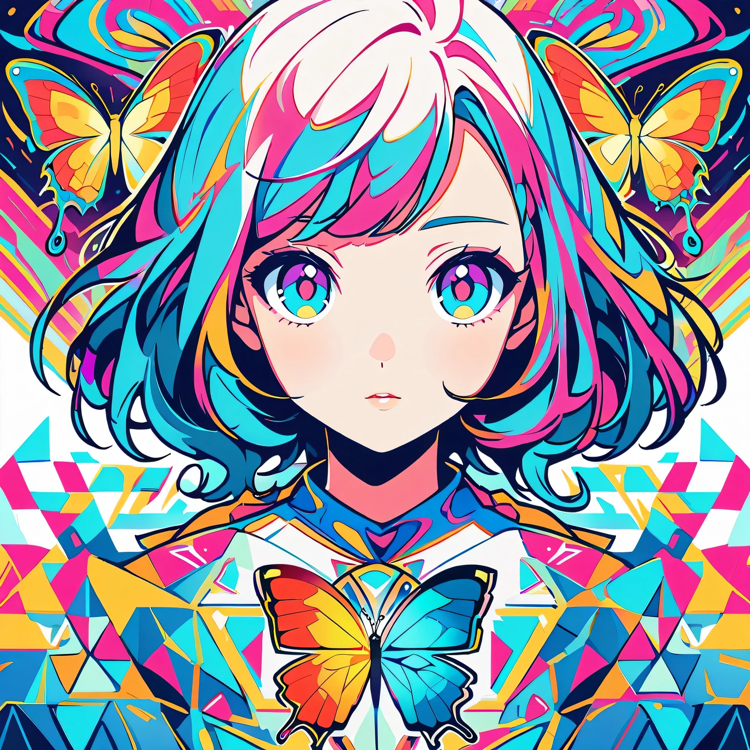 girl，portrait，vector art，vector art：1.2，floral pattern：1.1，geometric elements，Sharp lines，X-ray，neon color，beautiful eyes，Color palette，line art，Hair transformation with butterfly，symmetrical balance，Fantasy elements，Dreamy atmosphere，Geometric symmetry，soft light，Ethereal，White background，medium：digital illustration。