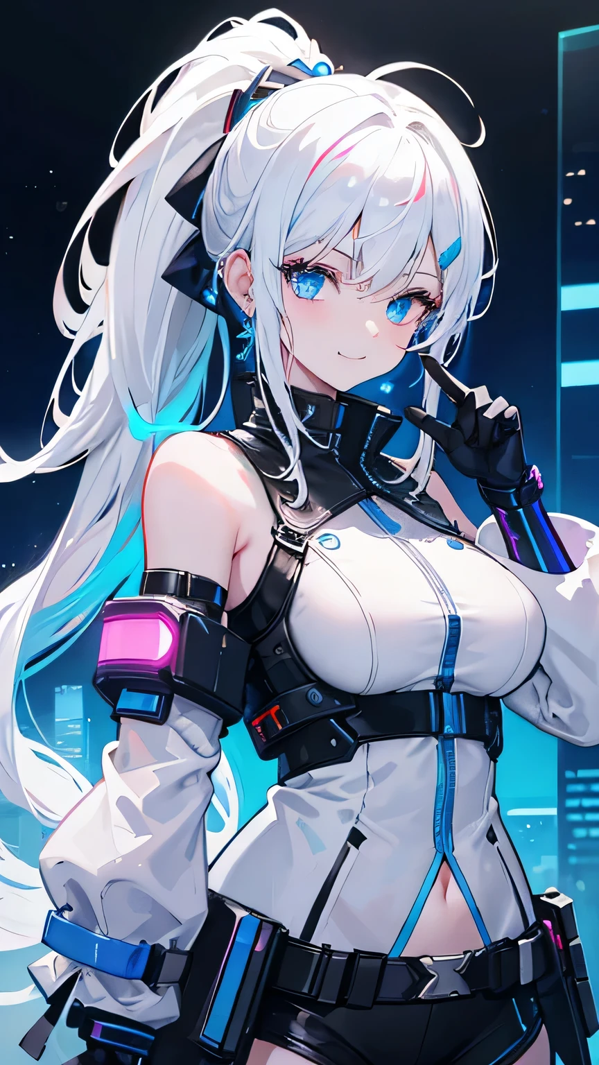 1 girl, solo, colorful, blue eyes, cyberpunk, cityscape, moon background, peace sign, earrings, ponytail hair, white hair, neon sign, beautiful lights, character focus, CG illustration, bust shot, white color jacket, black sleeveless gloves 8k resolution, very detailed, anatomically correct, digital painting, concept art, clear picture, loving smile