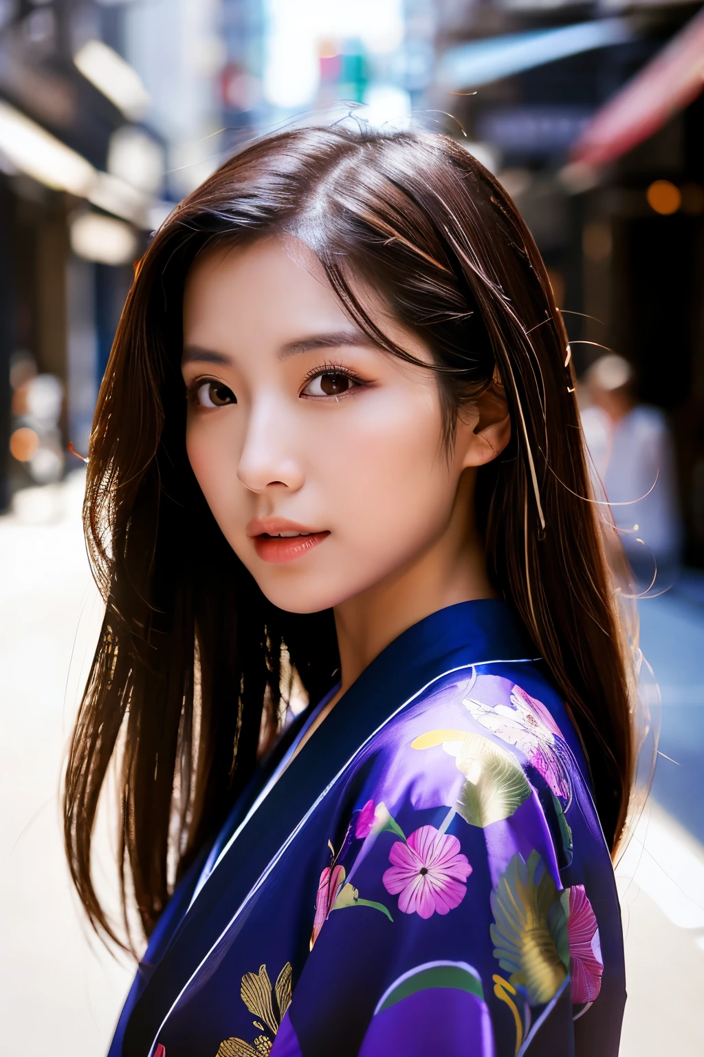 Beautiful Japanese supermodel woman, A lock of hair with slight highlights, black eyes, Sexy，street background，Gorgeous kimono , Liquid color flows across her face, Shooting against the light，Perfect facial lighting，mixed media