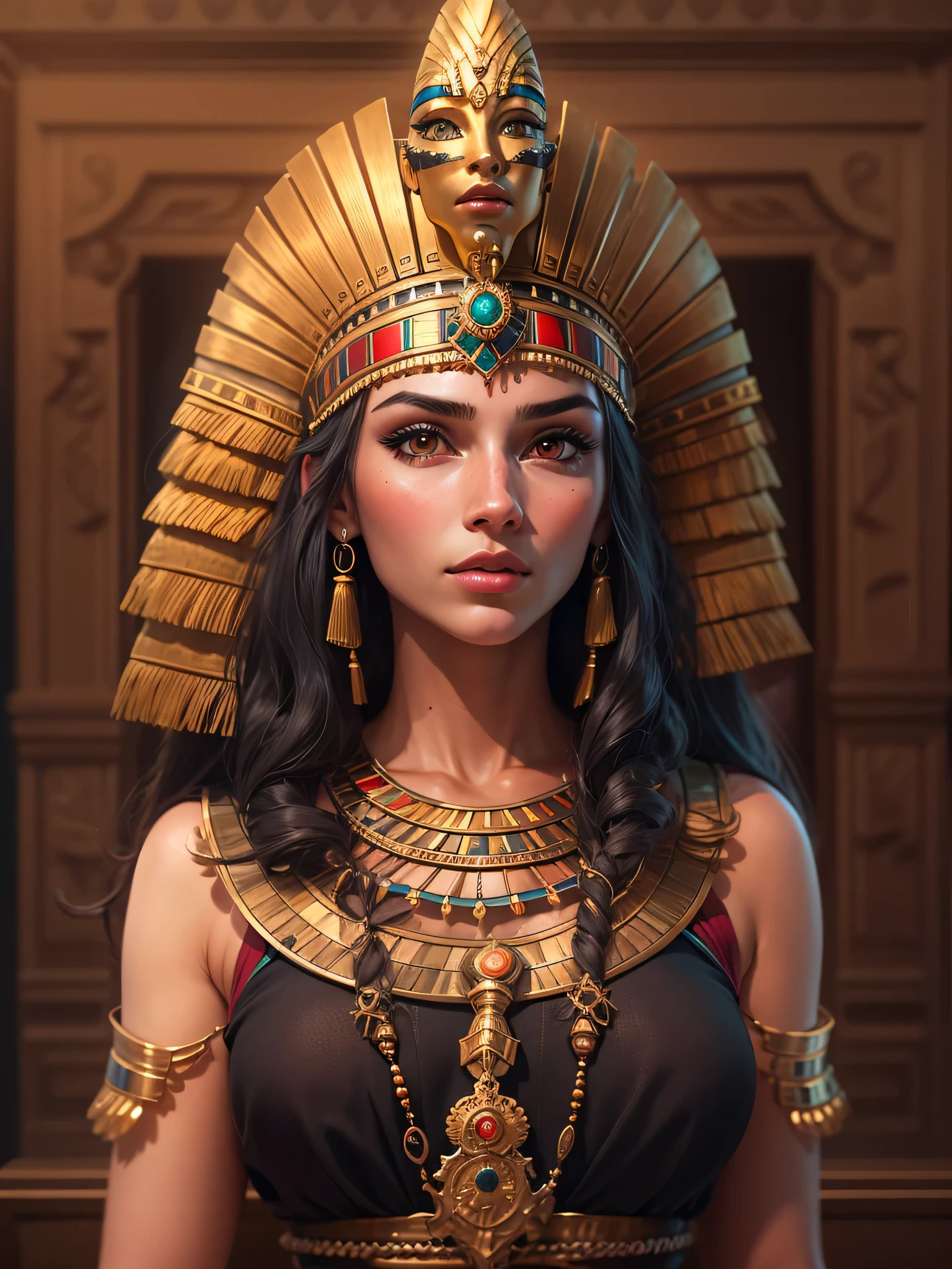 Woman with golden headdress and red eyes, cleopatra portrait, cleopatra, Egyptian princess, Egyptian, cleopatra in her palace, android girl in Egyptian ruins, beautiful cleopatra, Astri Lawn, Queen, bet, Princess Liv in Ancient, portrait of cleopatra, Sakimi, imperial portrait, warrior queen, goddess portrait, epic legends game icon,raw photos, Shapuri, by lee jeffries nikon d850 film stock 写真graph 4 kodak portra 400 camera f1.6 lens rich colors hyper realistic lifelike texture dramatic lighting unrealengine trending on artstation cinestill 800,