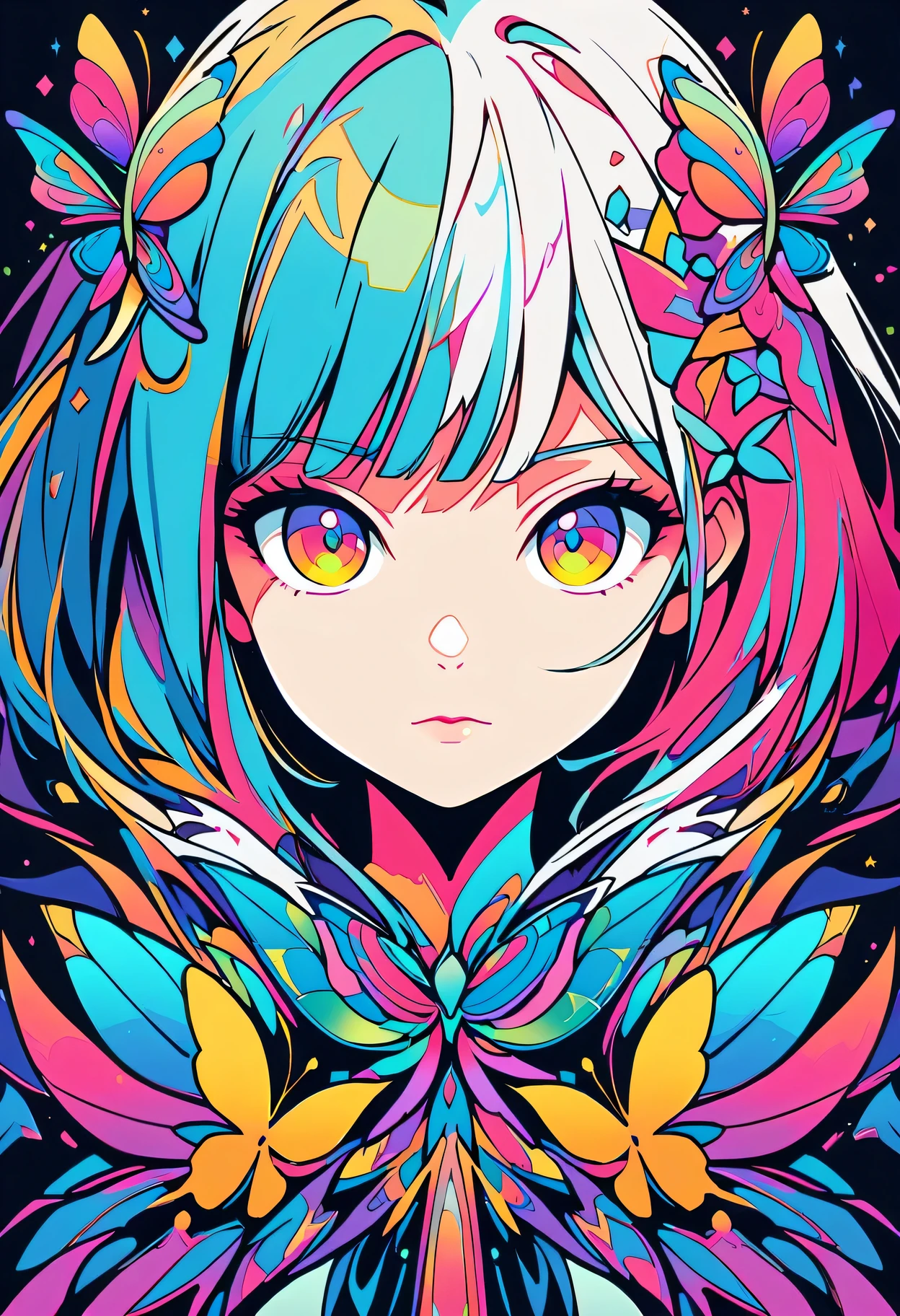 girl,portrait,vector art,vector art:1.2,floral pattern:1.1,geometric elements,Sharp lines,X-ray,neon color,beautiful eyes,Color palette,line art,Hair transformation with butterfly,symmetrical balance,Fantasy elements,Dreamy atmosphere,Geometric symmetry,soft light,Ethereal,White background,medium:digital illustration。