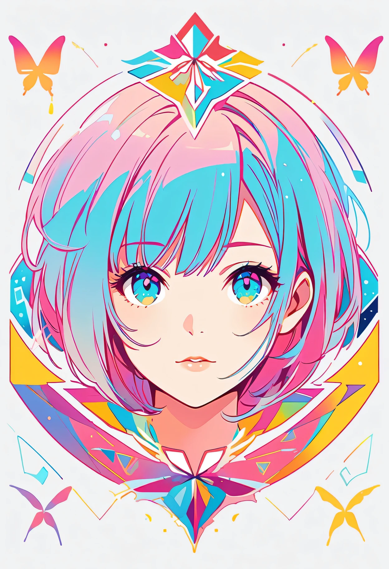 girl，portrait，vector art，vector art：1.2，floral pattern：1.1，geometric elements，Sharp lines，X-ray，neon color，beautiful eyes，Color palette，line art，Hair transformation with butterfly，symmetrical balance，Fantasy elements，Dreamy atmosphere，Geometric symmetry，soft light，Ethereal，White background，medium：digital illustration。