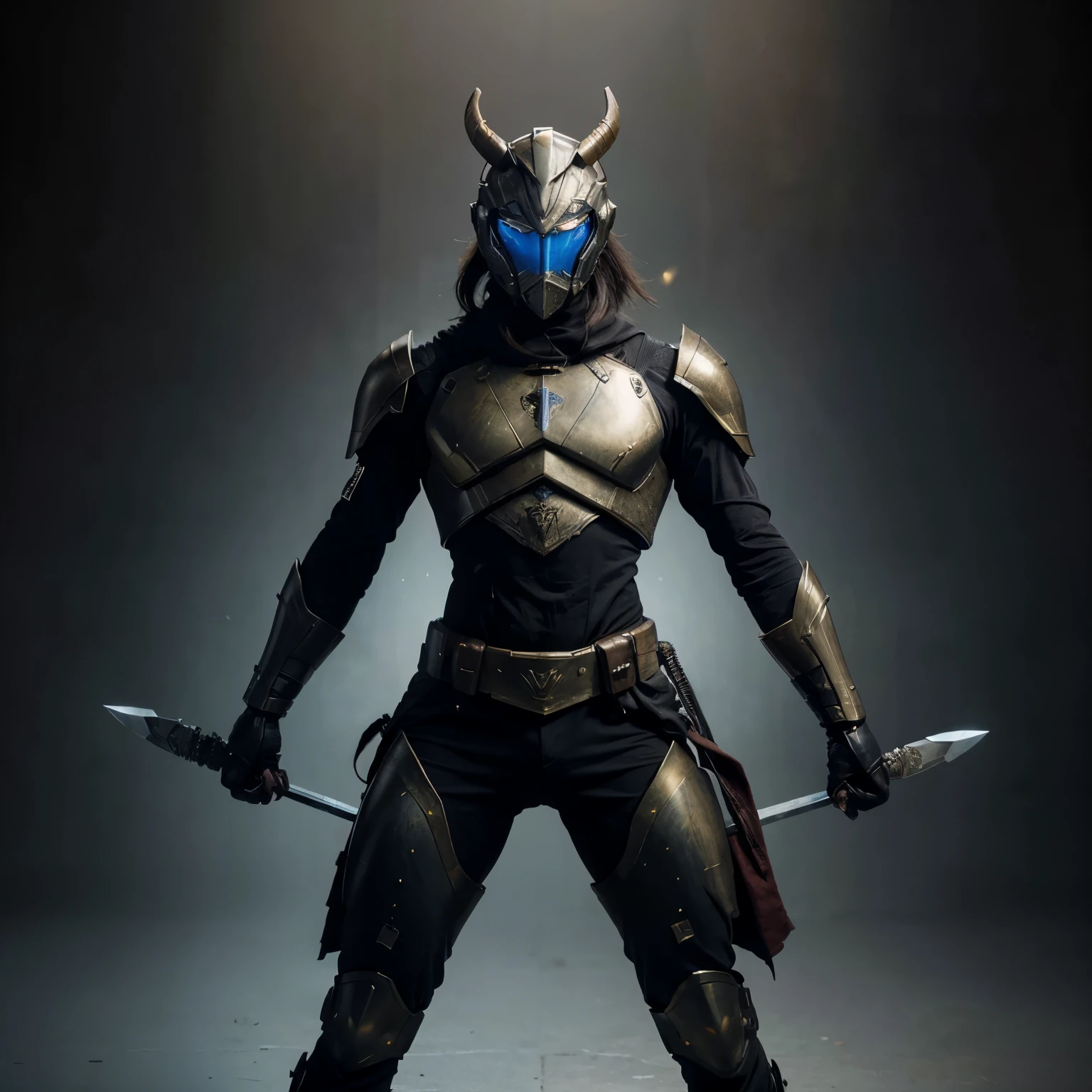 A tyrant adorned in a crystal battle suit, wielding an array of weapons like swords, sabers, katanas, axes, arrows, and bows, all in a palette of black, red, green, gold, and blue. The battle suit could have a dramatic aura background reminiscent of sketches, combined with a modern cultivator's aesthetic. This fusion of ancient weaponry and modern style creates a visually captivating and imposing figure.(masterpiece:1.2), best quality, high resolution, unity 8k wallpaper, (illustration:1.0), beautiful detailed, extremely detailed, perfect lighting, extremely detailed CG,glowing eyes,backlighting,armor, fake_horns, glowing, full_armor,warframe,humanoid_robot,horns,helmet,mask,sample_background,
looking at the viewer,solo,perspective,  full body,