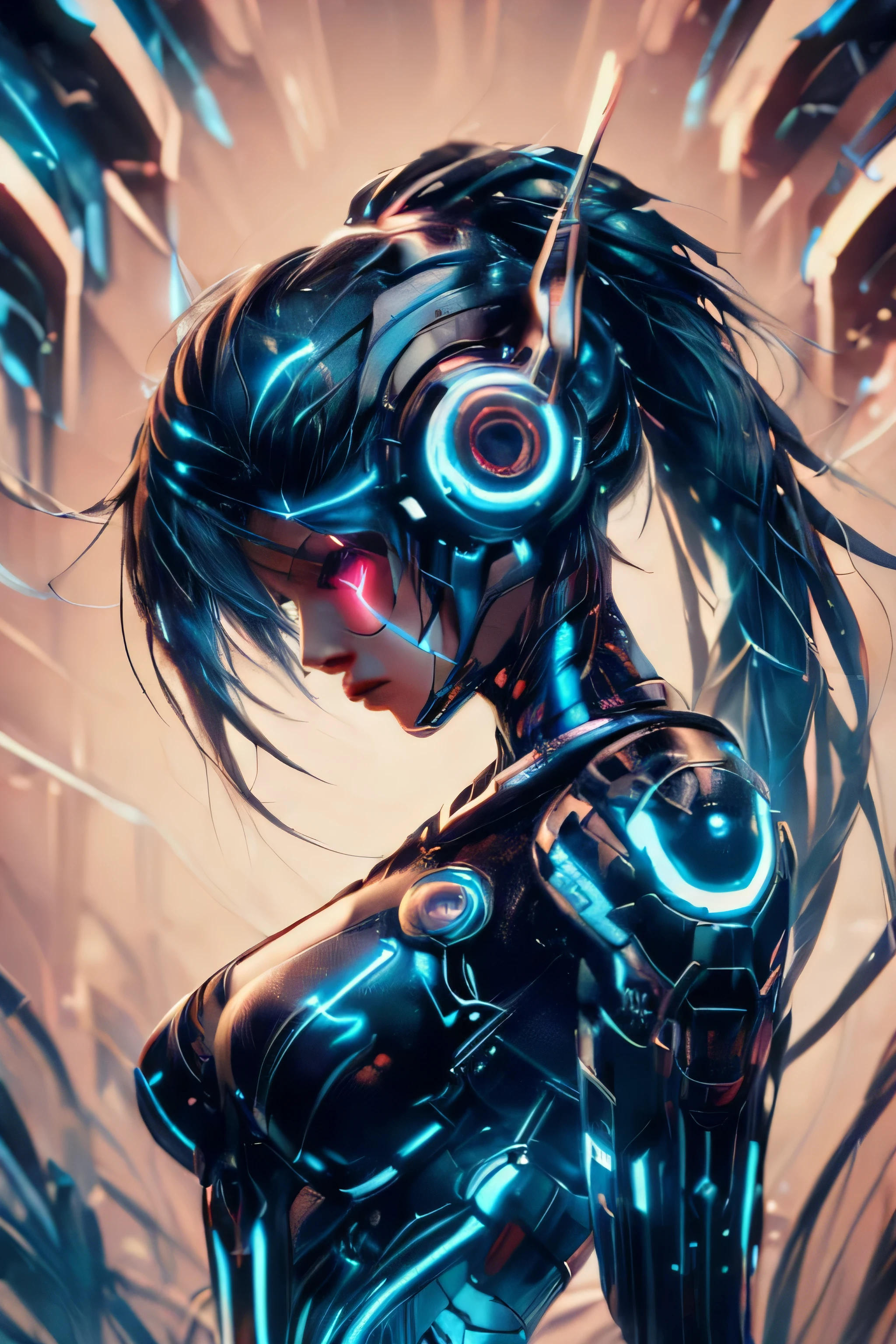 Trisomy，science fiction，Punk，Tomoko，movie poster，AI，woman，Part of the body plugged into the cable，The body part machine is turned on
