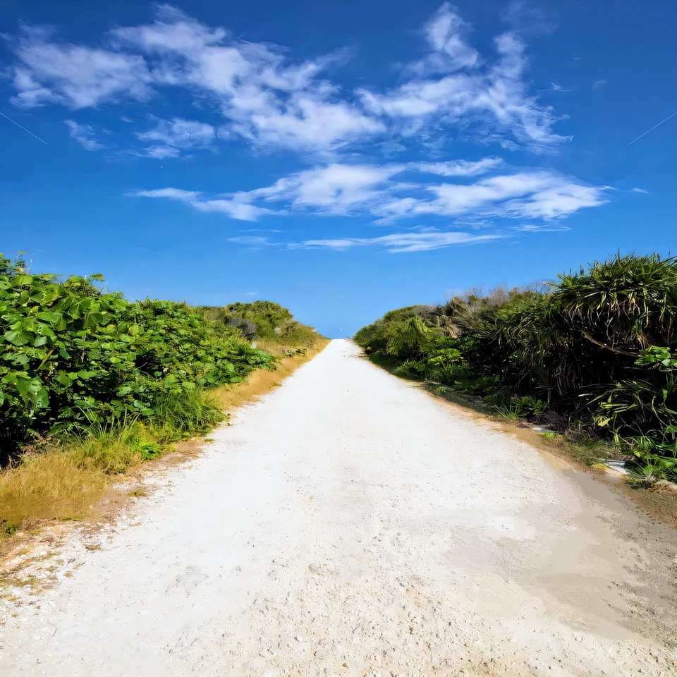 arafed dirt road with bushes and bushes on both sides, road to the sea, blue sky and white clouds,The road leading to the lighthouse, an unobstructed path, okinawa japan, first row, large path, trail, country road, traveling long dirt road, towards the camera, dirt road, sparsely populated, connected to the sky, partially turned to the left