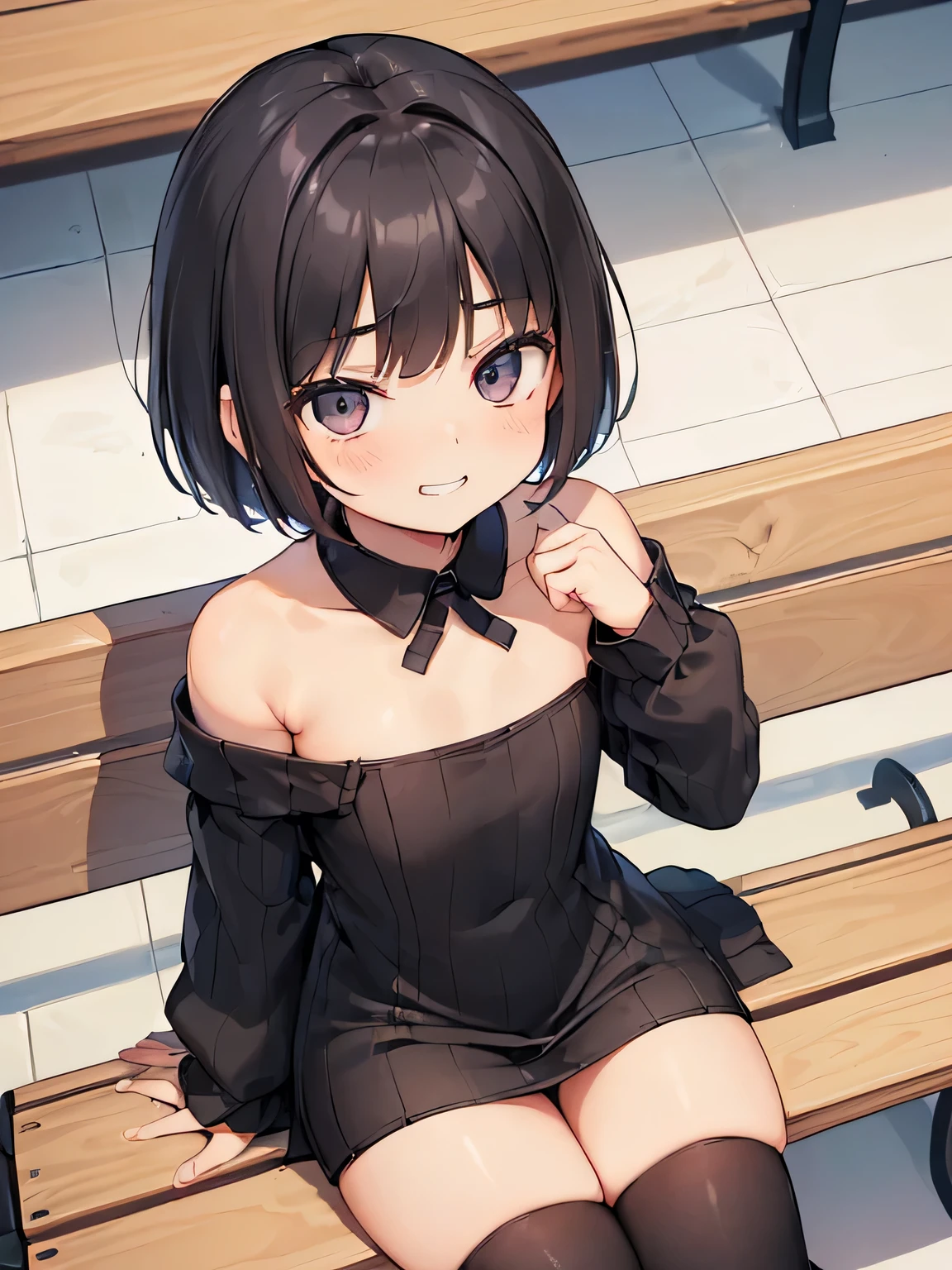 (masterpiece、highest quality、High resolution、realistic pictures、real looking skin:1.1)、 (A woman sits with her thighs closed on a bench in a shopping mall:1.8)、 (The length of the dress is so short that you can almost see her panties.:1.8)、 (looking at her from a slightly higher perspective:1.8)、 (A provocative and grinning expression:1.8)、 (She is wearing a black long-sleeved knit mini dress with a collar.:1.8)、(The dress has a basic shape and is ribbed knit to show off your body line.:1.8)、(I'm wearing black middle boots:1.8)、 (The panties are red and have a pattern.:1.5)、 (brown short hair:1.5)、 (small face:1.5)、 (she is 22 years old:1.5)、(The place is a bench in a shopping mall.:1.5)、 1 Japanese girl、solo、full body esbian、beautiful eyes、shining eyes、Shining thighs、NSFW