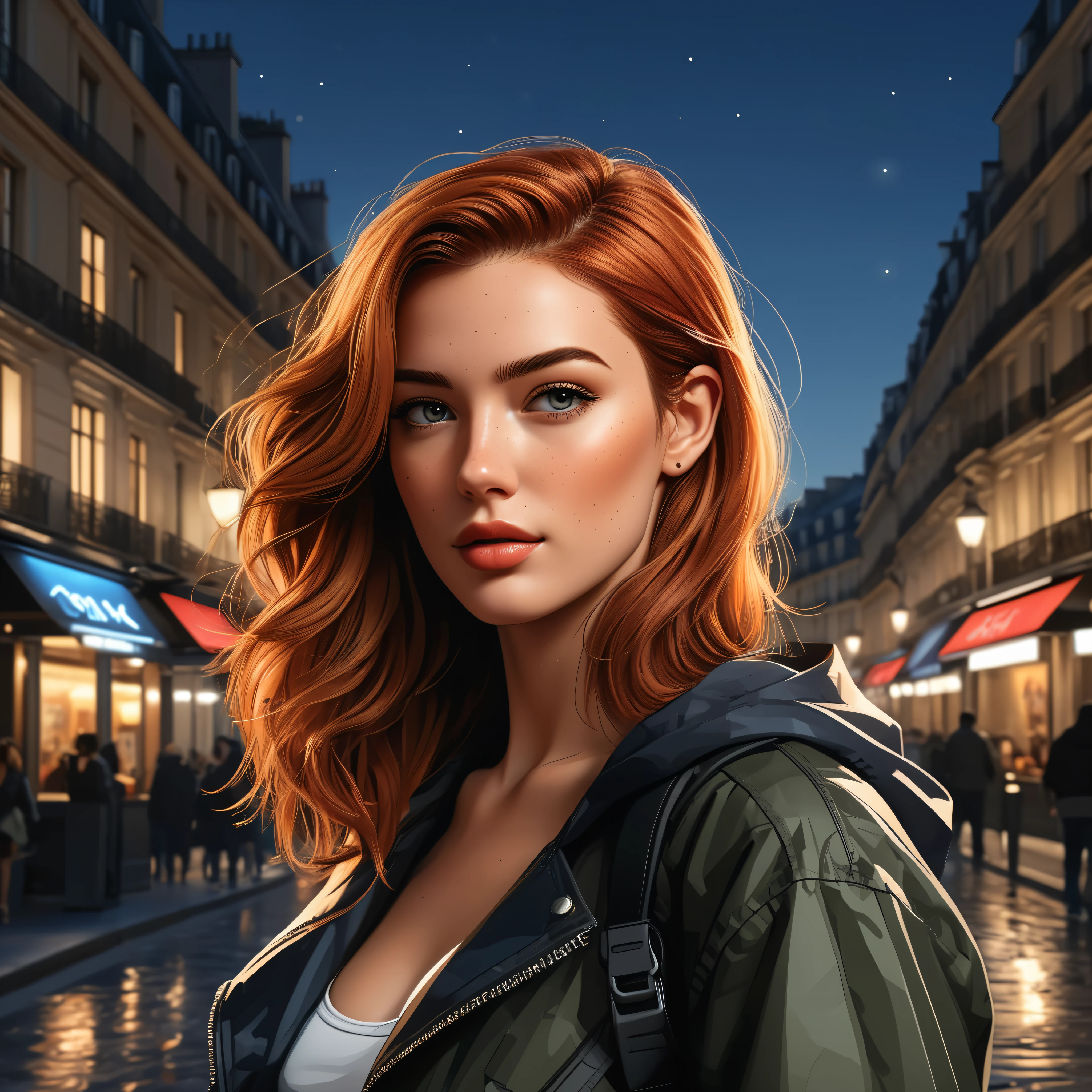 ((Masterpiece in maximum 16K resolution):1.6), ((vector cartoon illustration:)1.5), ((Vector art):1.4), ((Geometric style and minimalism):1.5), ((Wide angle painting):1.2) | (Cyberpunk Vector Art of a Fresh Supermodel beauty in Paris), (Cyberpunk Fresh French Supermodel beauty), (Dynamic Pose), (Cute Freckles), (Red Hair), (Golden Ratio Face), (Cute Freckles), (visual experience), award-winning graphics, extremely detailed, Digital Art, rtx, Unreal Engine, All drawn with sharp focus. Rendered in ultra-high definition with UHD and retina quality, this masterpiece ensures anatomical correctness and textured skin with super detail. With a focus on high quality and accuracy, this award-winning portrayal captures every nuance in stunning 16k resolution, immersing viewers in its lifelike depiction. Avoid extreme angles or exaggerated expressions to maintain realism. ((perfect_composition, perfect_design, perfect_layout, perfect_detail, ultra_detailed)), ((enhance_all, fix_everything)), More Detail, Enhance. 