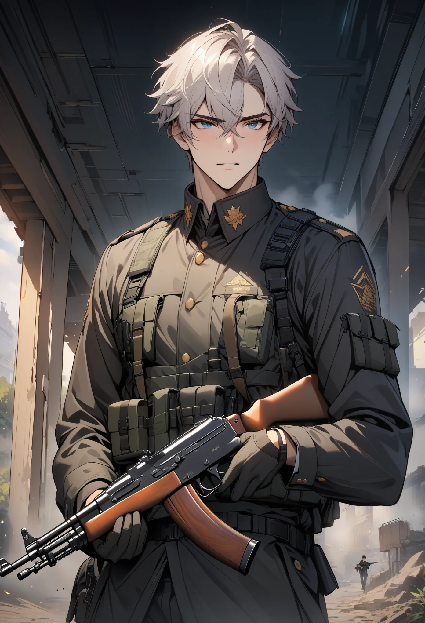 masterpiece, best quality, 1 boy, Cowboy shooting, exquisite eyes, Uniform, AK 47, AKM, Kalashnikov_rifle, assault_rifle, Keep_gun