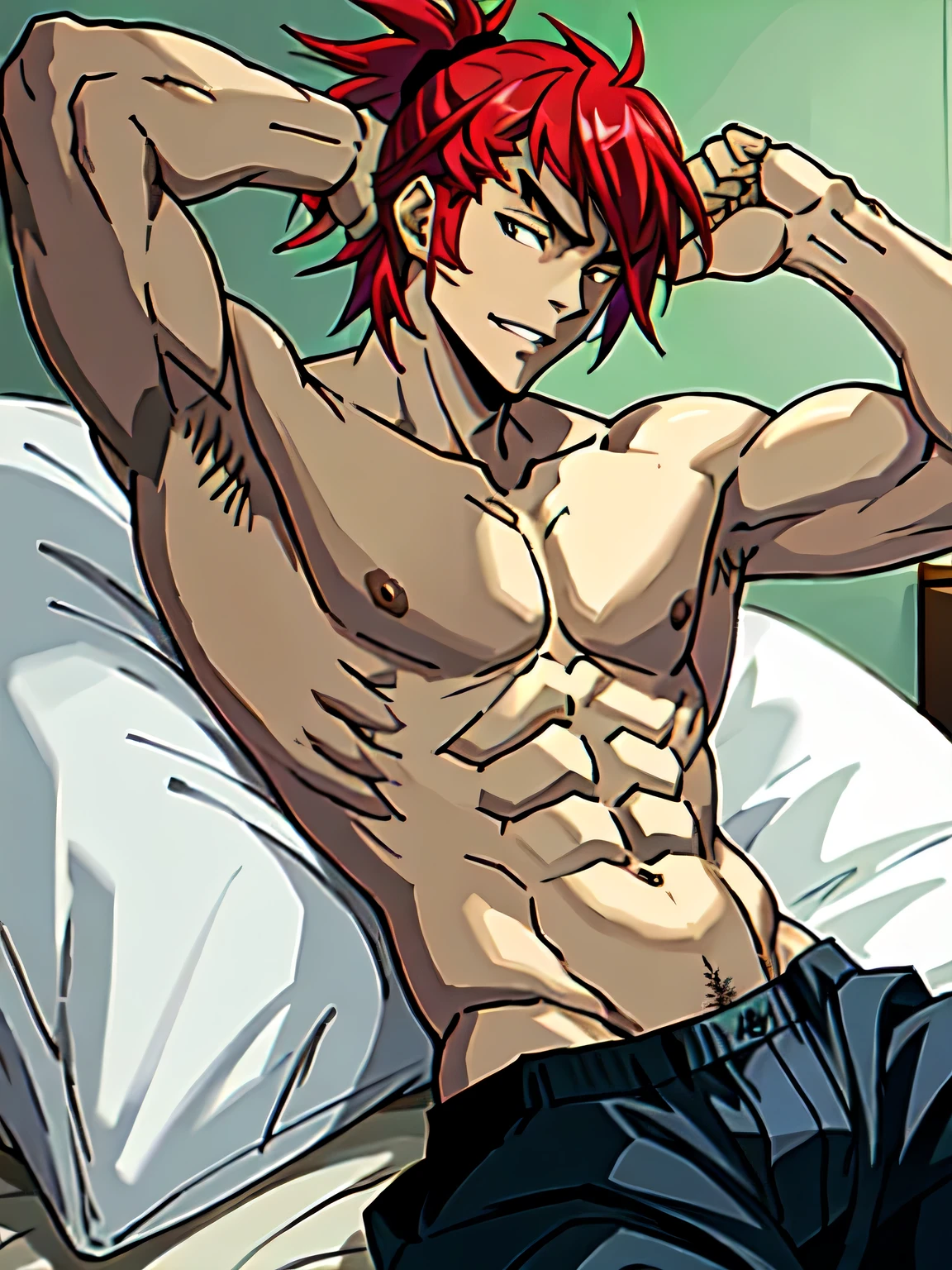 Anime man,muscular,bedroom background,handsome,high quality,mature,laying in a bed,frontal view,detailed body,smirk,hands behind head,tiny boxers