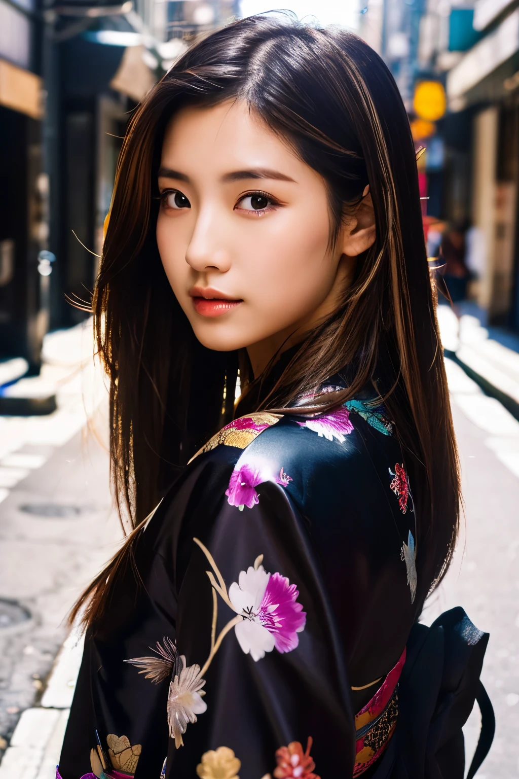 Beautiful Japanese supermodel woman, A lock of hair with slight highlights, black eyes, Sexy，street background，Gorgeous kimono , Liquid color flows across her face, Shooting against the light，Perfect facial lighting，mixed media