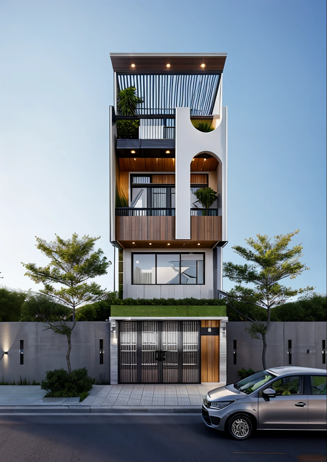 (masterpiece),(high quality), best quality, real,(realistic), super detailed, (full detail),(4k),8k,modern house exterior design,Modern architecture,Beautiful_sky,Day light, no_humans, outdoors,sky,tree,Garden flower front of building