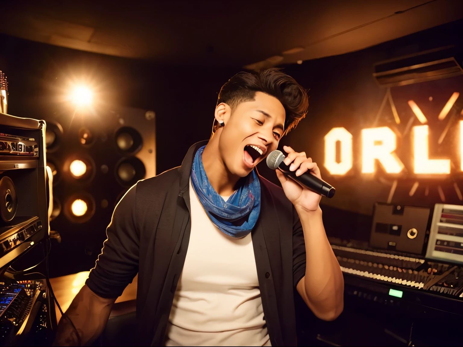 A man practicing a cappella in a recording studio、realistic mouth、A hyper-realistic、Put your hands on your stomach、sings、from the nose down:2.0、solo、a cappella