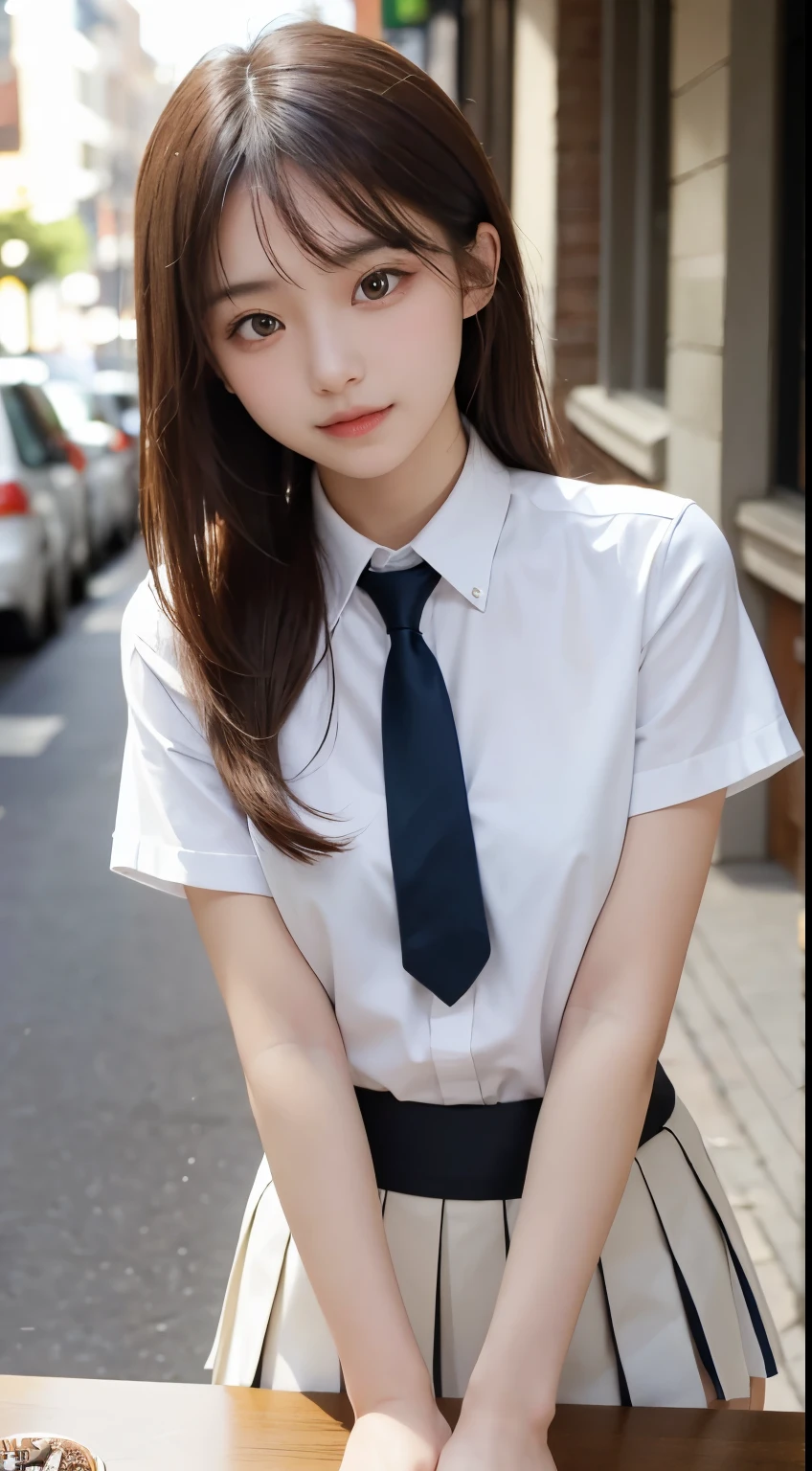 (table top, highest quality:1.2), 8K, 18-year-old, 85mm, official art, Raw photo, absurd, white dress shirt, cute face, close, Upper body, violaces, gardenia, beautiful girl, , cardigan、 (navy pleated skirt:1.1), Cinch West, thighs thighs thighs, short sleeve, hair above one eye、in the street, looking at the viewer, no makeup, (smile:0.6), film grain, chromatic aberration, sharp focus, face light, clear lighting, teen, detailed face, background bokeh, (dark red tie:1.1)、medium breasts