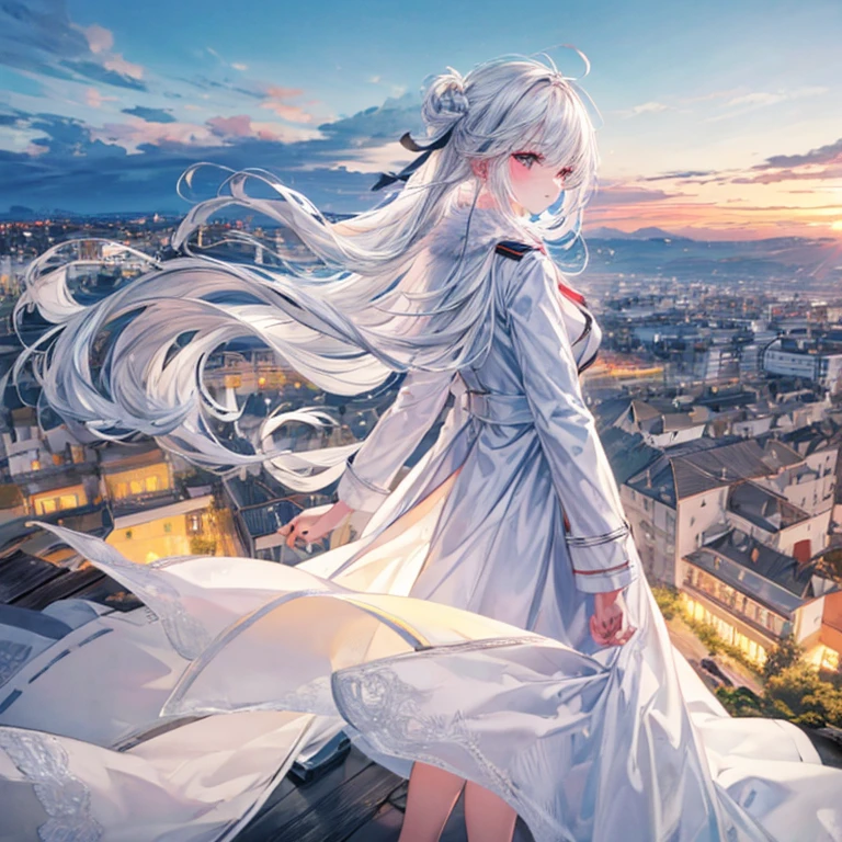 white hair, back view of girl, white coat,  City view, overlooking the city, view from the top of the cliff, exhilaration, wallpaper, 4k wallpaper, masterpiece, perfect face,rural town,port town,Ghibli work, sunset, spring