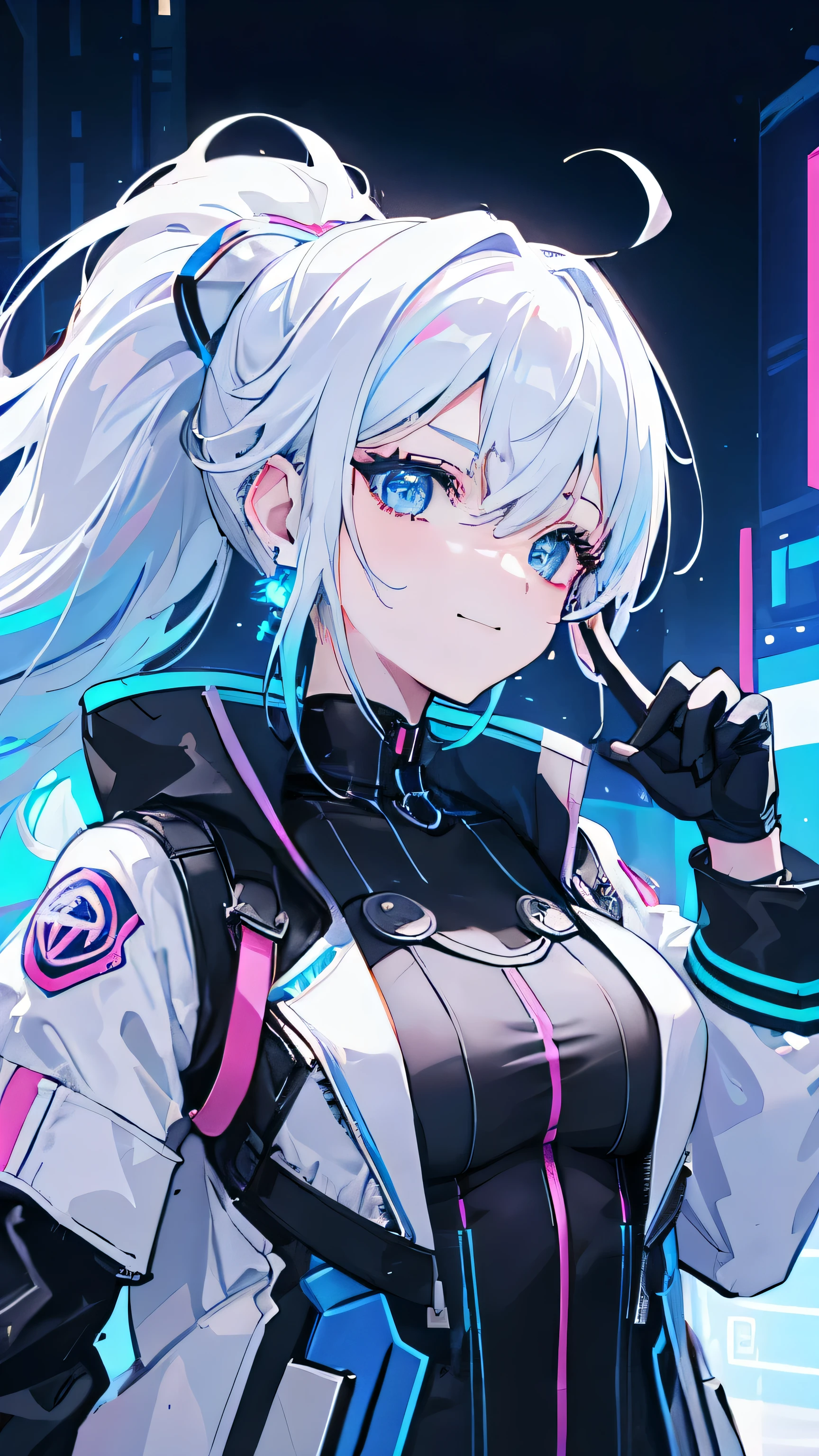 1 girl, solo, colorful, blue eyes, cyberpunk, cityscape, moon background, peace sign, earrings, ponytail hair, white hair, neon sign, beautiful lights, character focus, CG illustration, bust shot, white color jacket, black sleeveless gloves 8k resolution, very detailed, anatomically correct, digital painting, concept art, clear picture, loving smile